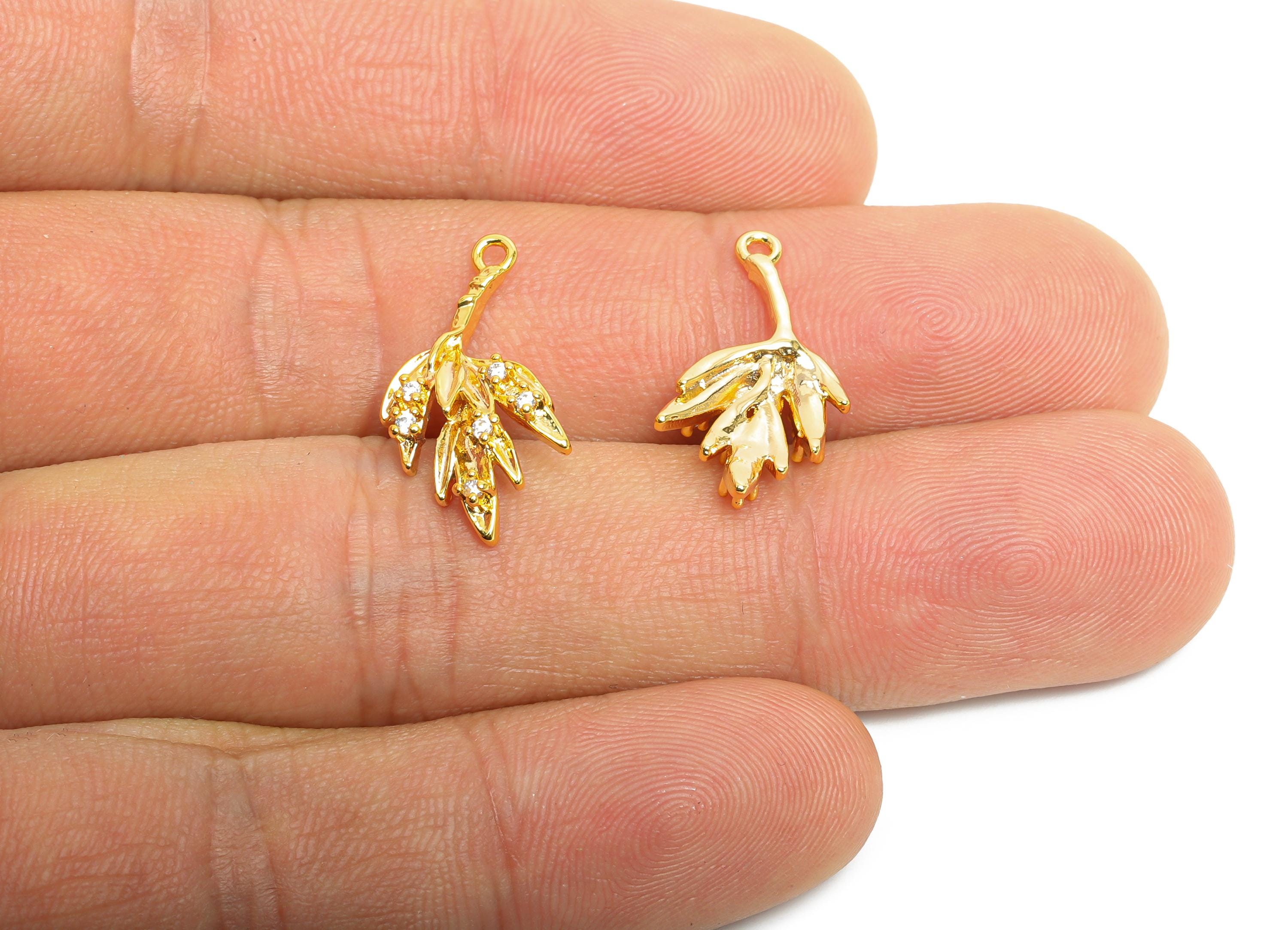 Brass Leaf Charm - Brass Luxury CZ Earring Charm - Cubic Zircon Nature Jewelry - Botanical Pendant - 18K Real Gold Plated -20x10x3mm-RGP9931 - DOMEDBAZAAR