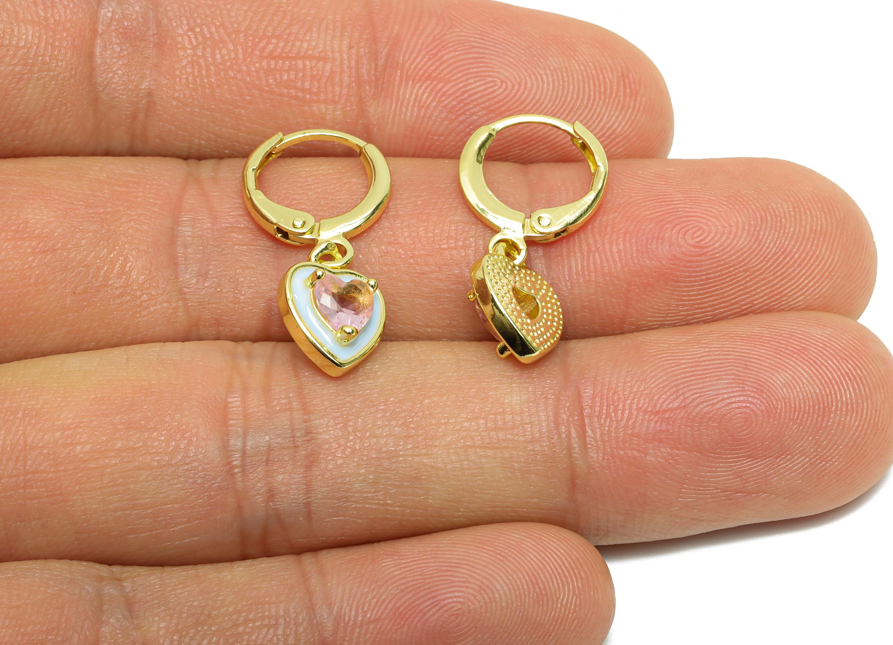 Dangle Hoop Lever back Earring - Blue Enamel Heart Earring - Brass CZ Huggie Hoop Clasp - 18K Real Gold Plated - 25.04x8.99x3.83mm - RGP9811 - DOMEDBAZAAR