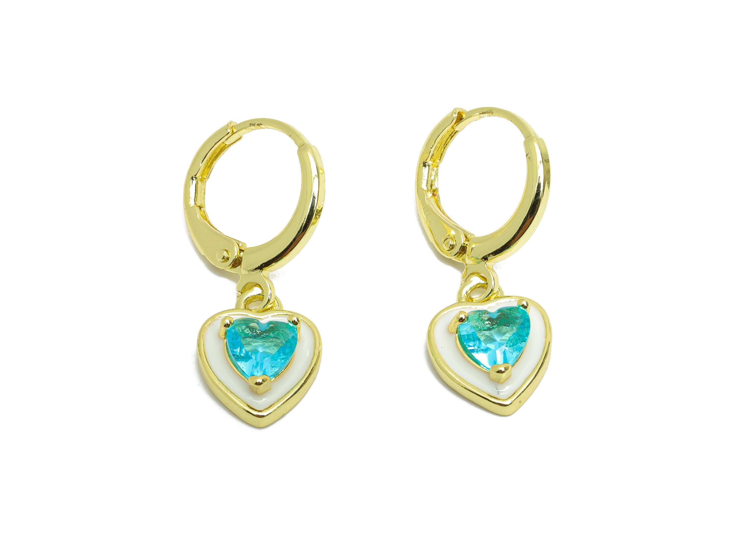 Dangle Hoop Lever back Earring - White Enamel Heart Earring - Brass CZ Huggie Hoop Clasp - 18K Real Gold Plated - 25.04x8.99x3.83mm -RGP9813 - DOMEDBAZAAR