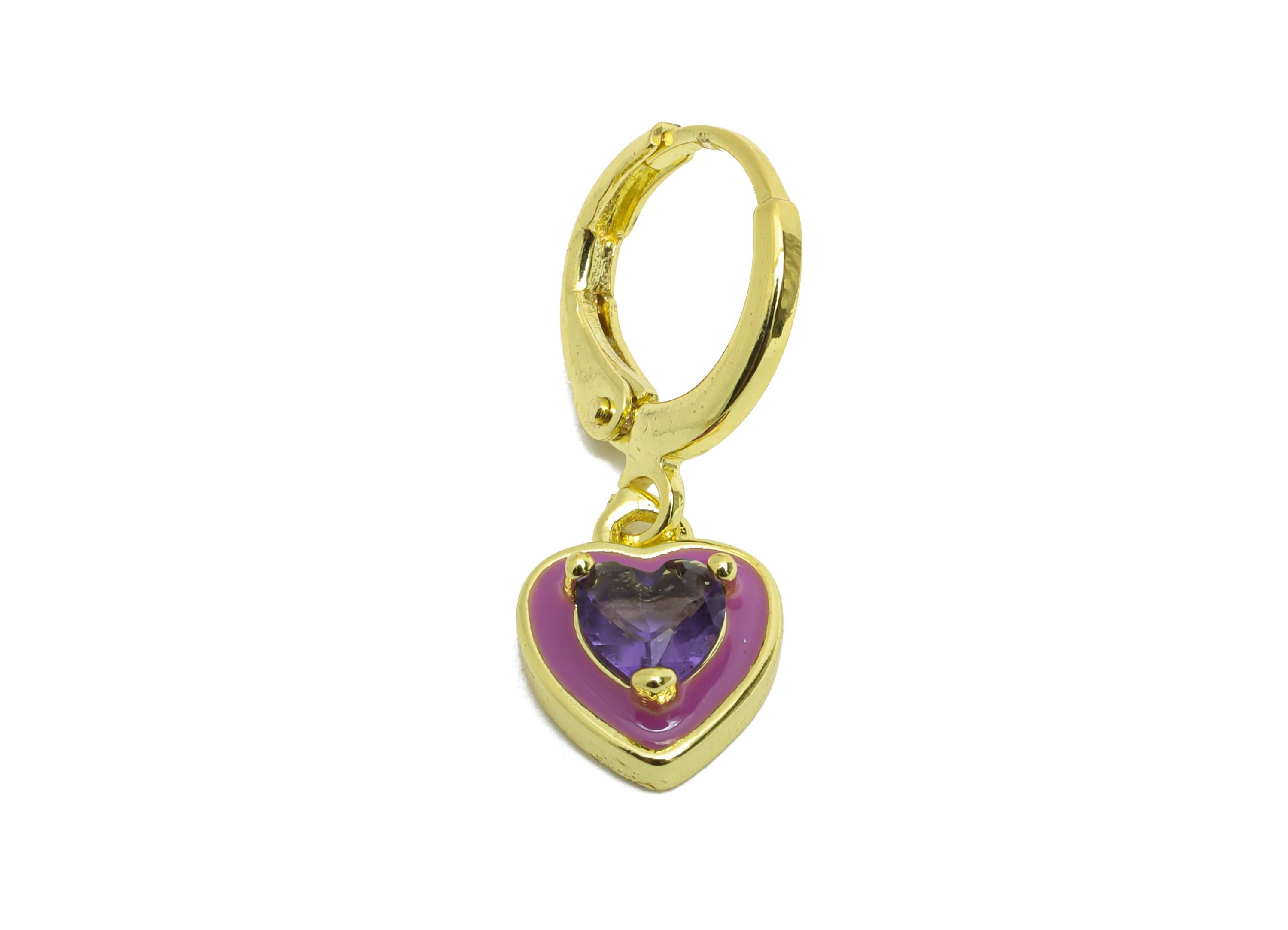 Dangle Hoop Lever back Earring - Purple Enamel Heart Earring - Brass CZ Huggie Hoop Clasp - 18K Real Gold Plated - 25.04x8.99x3.83mm-RGP9814 - DOMEDBAZAAR