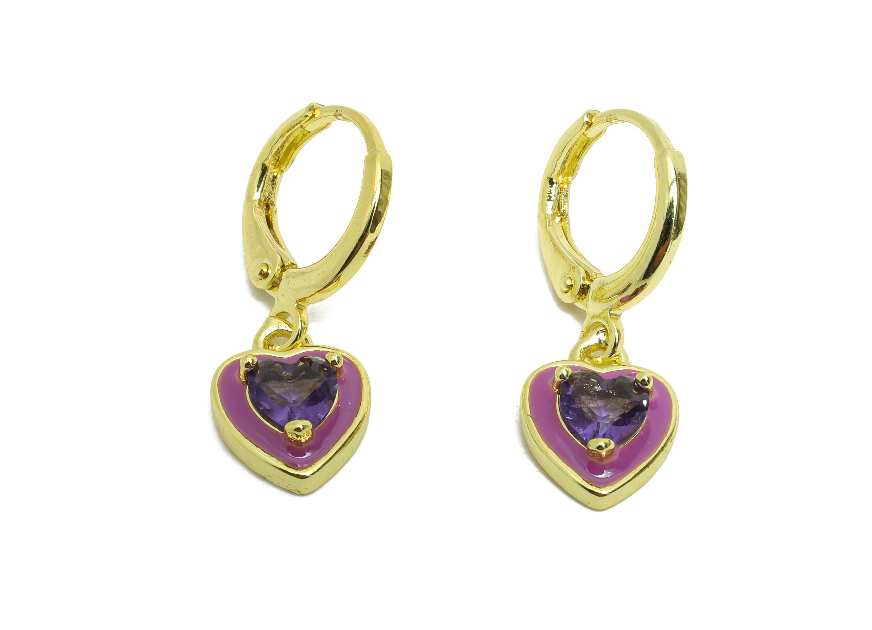 Dangle Hoop Lever back Earring - Purple Enamel Heart Earring - Brass CZ Huggie Hoop Clasp - 18K Real Gold Plated - 25.04x8.99x3.83mm-RGP9814 - DOMEDBAZAAR