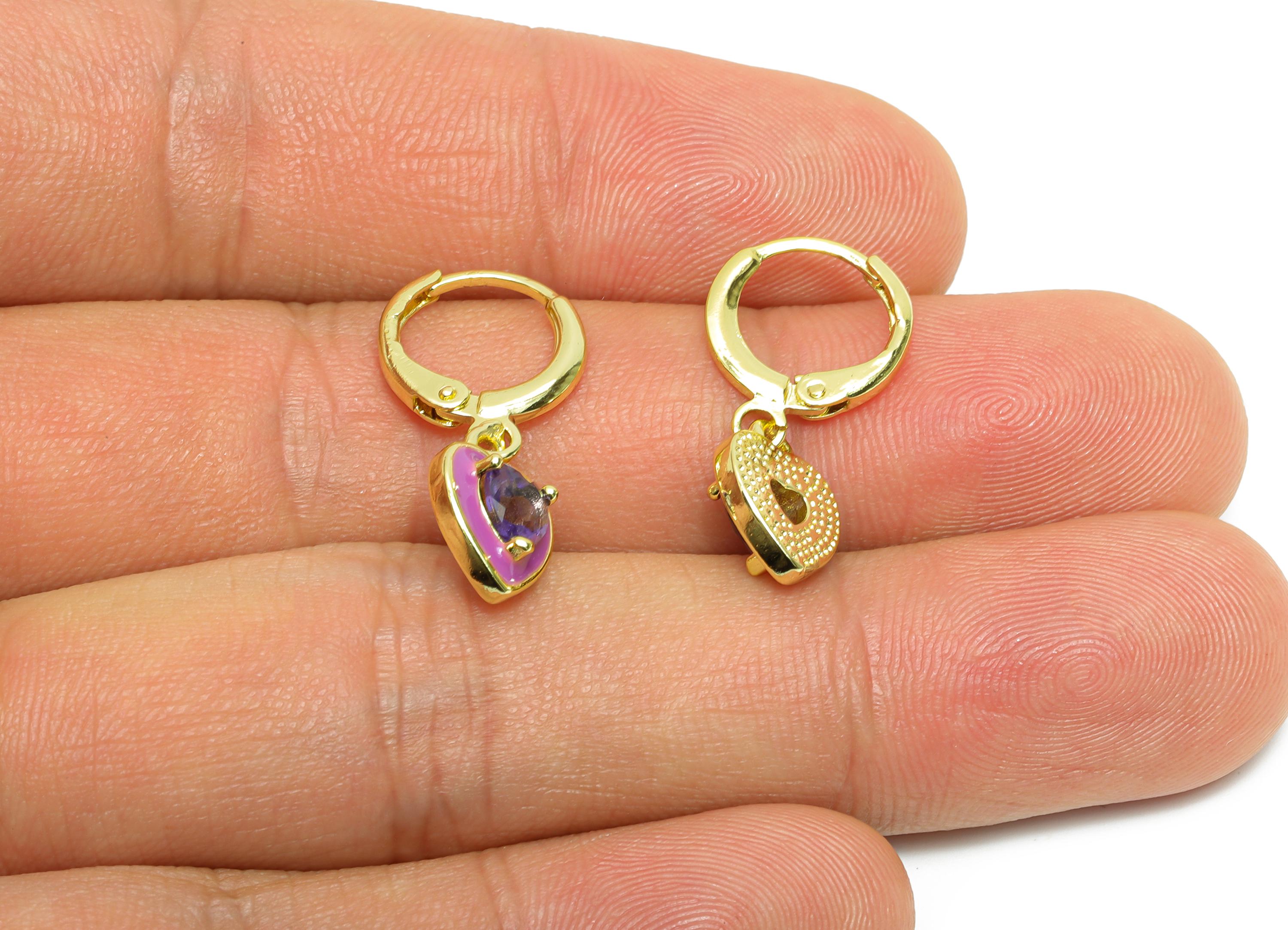 Dangle Hoop Lever back Earring - Purple Enamel Heart Earring - Brass CZ Huggie Hoop Clasp - 18K Real Gold Plated - 25.04x8.99x3.83mm-RGP9814 - DOMEDBAZAAR