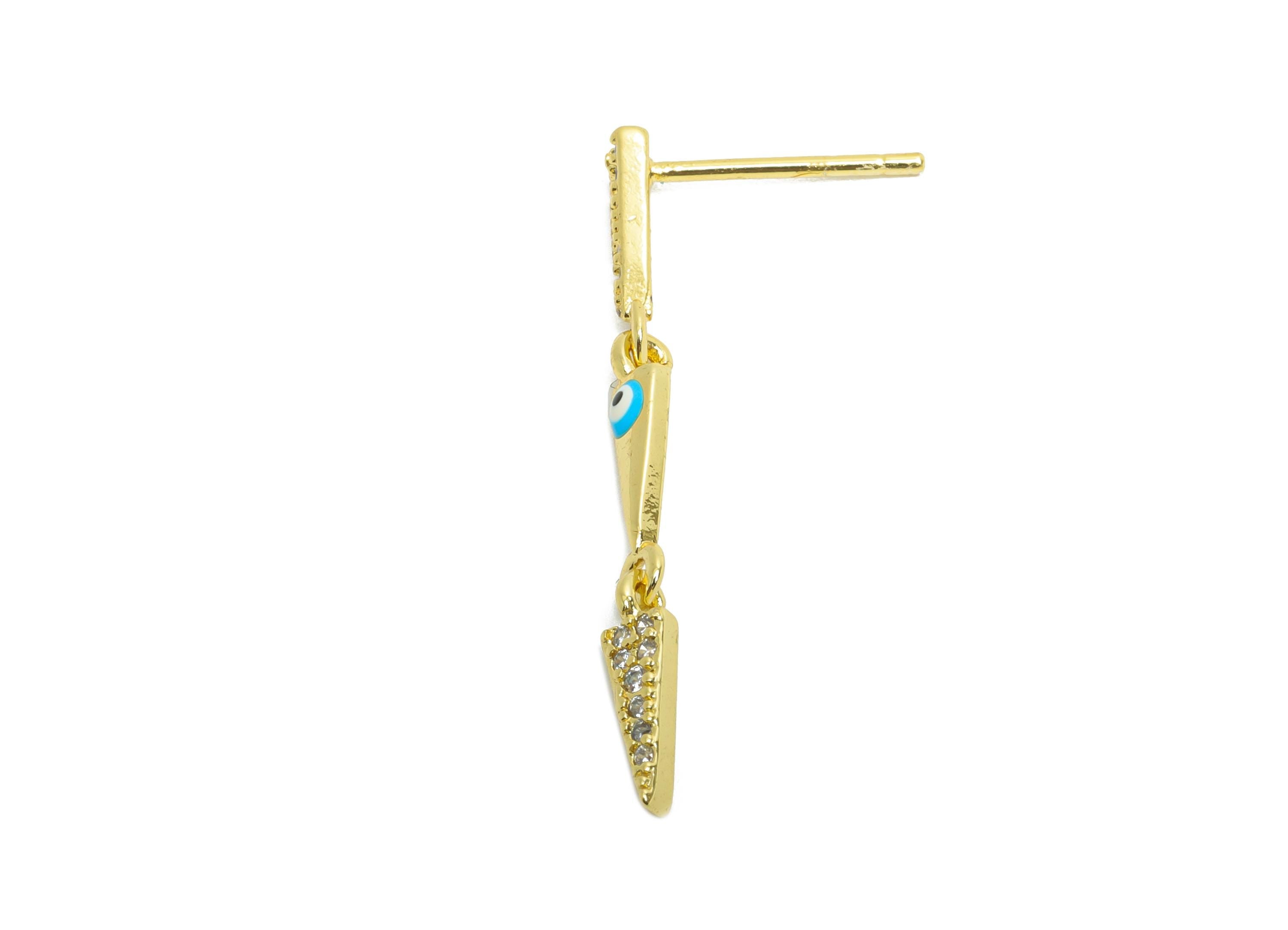 Gold Triangle Dangle Studs - Brass Enamel Eye Dangling Earring Post - Dainty CZ Jewelry - 18K Real Gold Plated - 31.9x3.12x0.9mm - RGP9844 - DOMEDBAZAAR