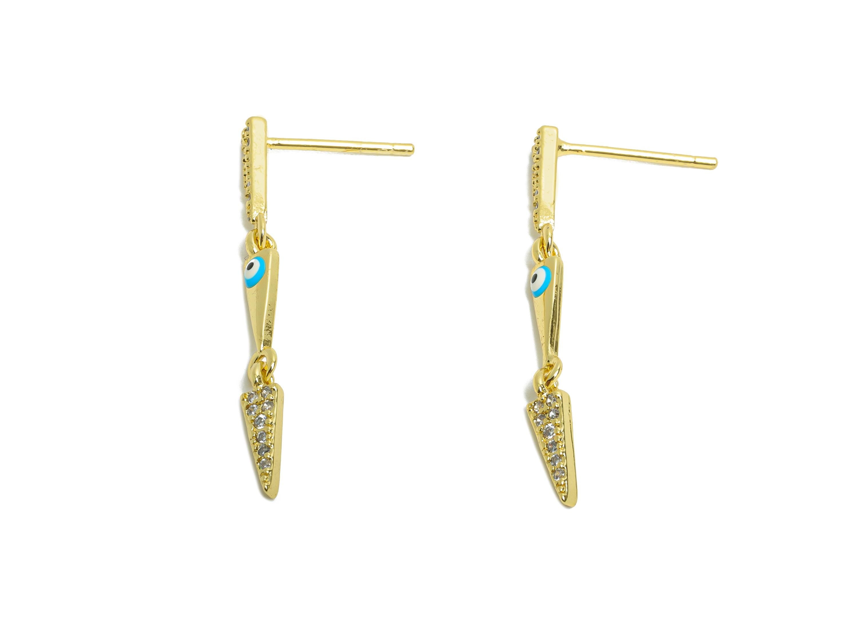 Gold Triangle Dangle Studs - Brass Enamel Eye Dangling Earring Post - Dainty CZ Jewelry - 18K Real Gold Plated - 31.9x3.12x0.9mm - RGP9844 - DOMEDBAZAAR