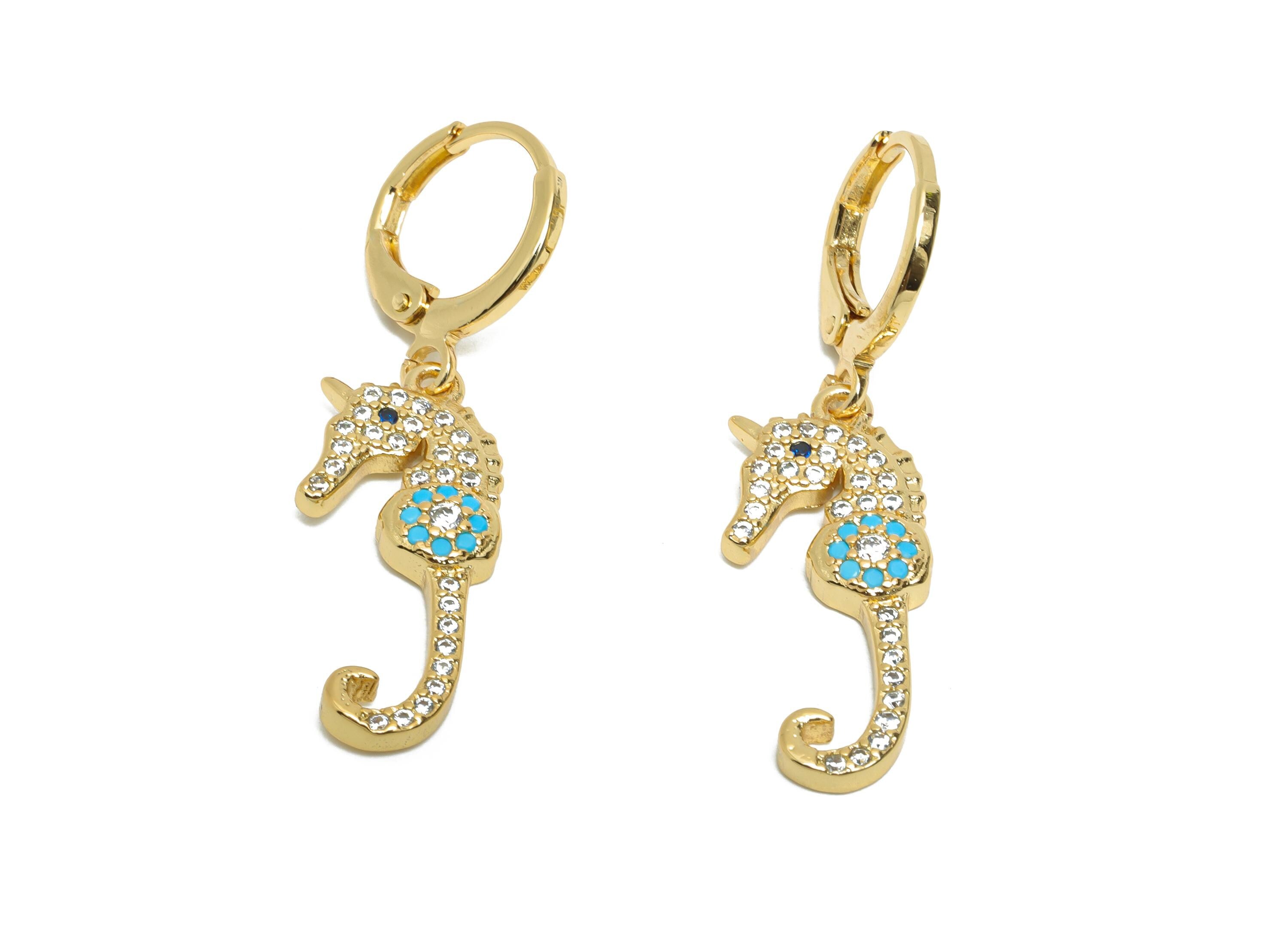 Dangle Seahorse Hoop Lever back Earring - Gold CZ Hanging Earring - Brass Huggie Hoop Clasp - 18K Gold Plated - 34.74x10.1x2.8mm - RGP9791 - DOMEDBAZAAR