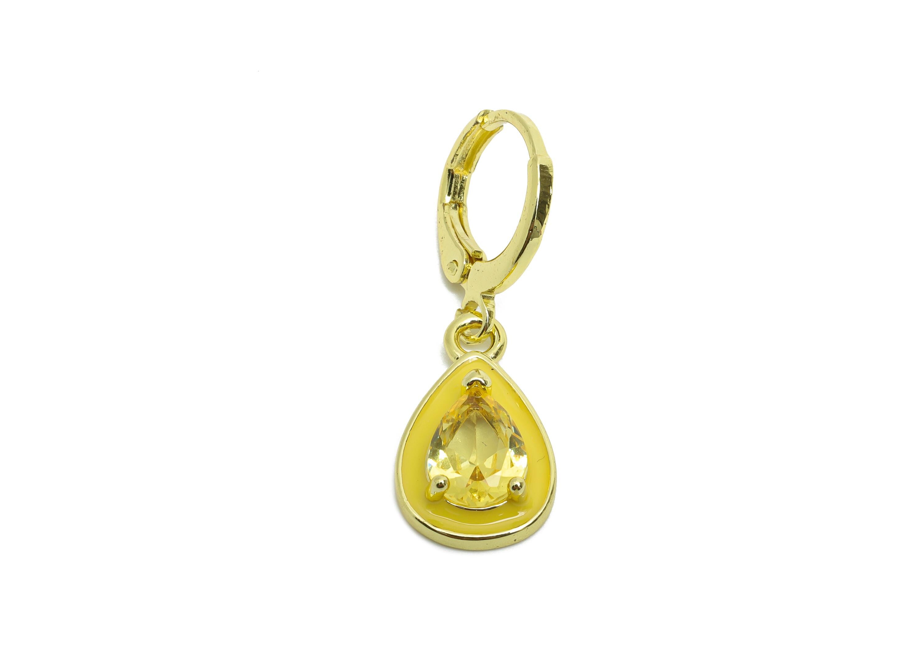 Dangle Drop Hoop Lever back Earring - Yellow Enamel Drop Earring - Brass CZ Huggie Hoop Clasp - 18K Gold Plated - 29.69x9.96x4.14mm -RGP9796 - DOMEDBAZAAR