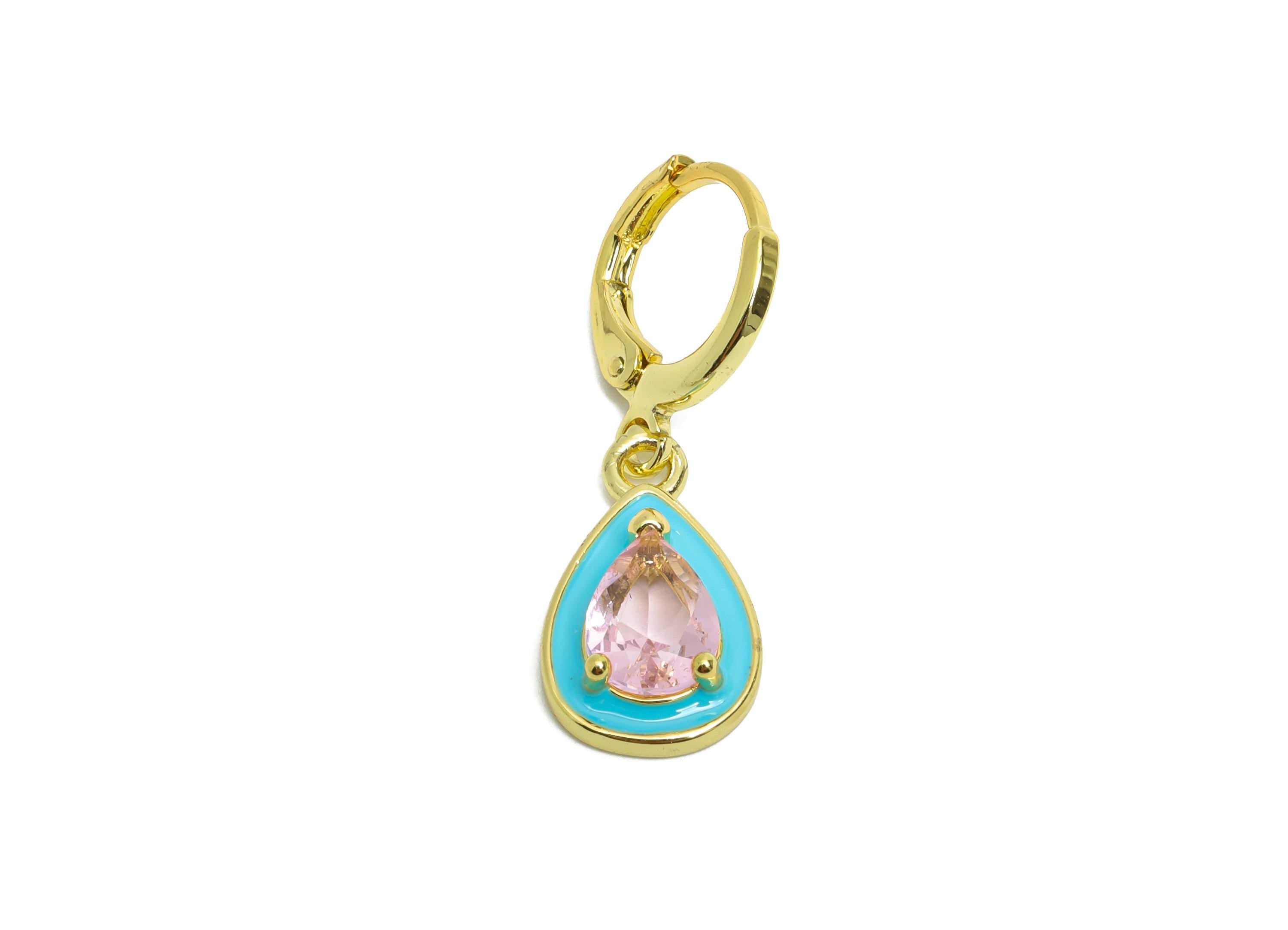 Dangle Drop Hoop Lever back Earring - Blue Enamel Drop Earring - Brass CZ Huggie Hoop Clasp - 18K Gold Plated - 29.69x9.96x4.14mm - RGP9798 - DOMEDBAZAAR