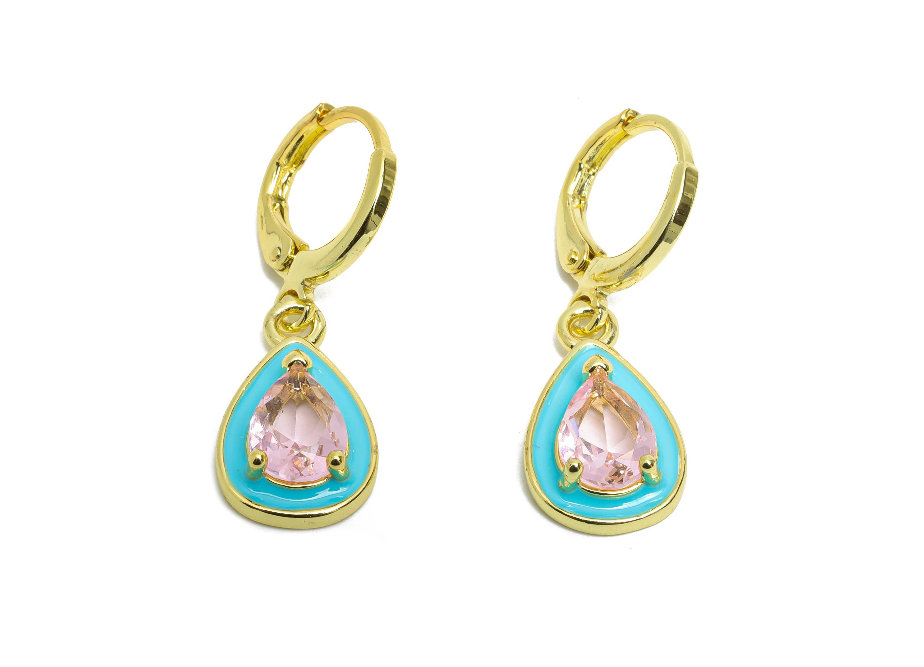 Dangle Drop Hoop Lever back Earring - Blue Enamel Drop Earring - Brass CZ Huggie Hoop Clasp - 18K Gold Plated - 29.69x9.96x4.14mm - RGP9798 - DOMEDBAZAAR