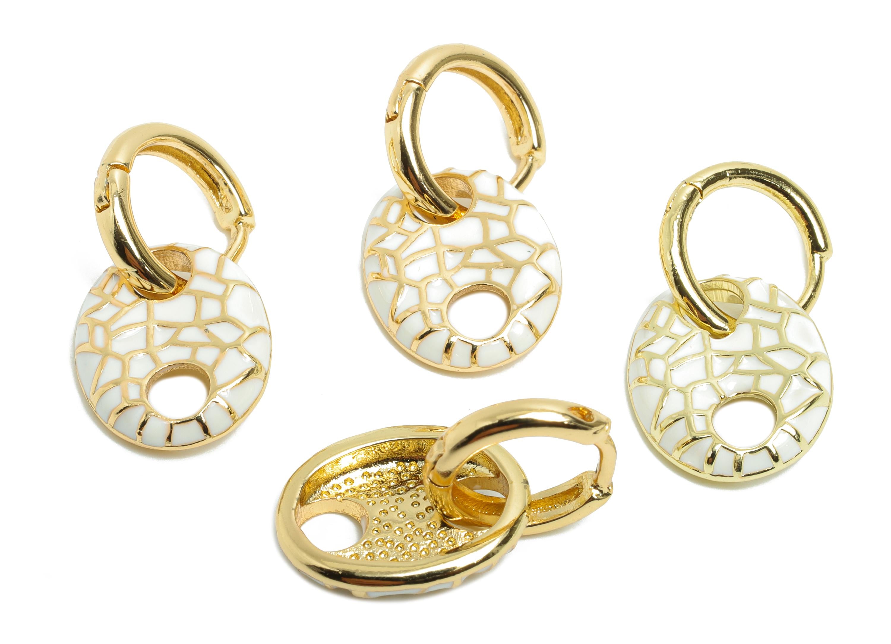 Gold Dangle Hoop Clasp - White Enamel Colorful Earring - Modern Brass Huggie Hoop Clasp - 18K Real Gold Plated - 22.25x11.66x2.96mm -RGP9778 - DOMEDBAZAAR