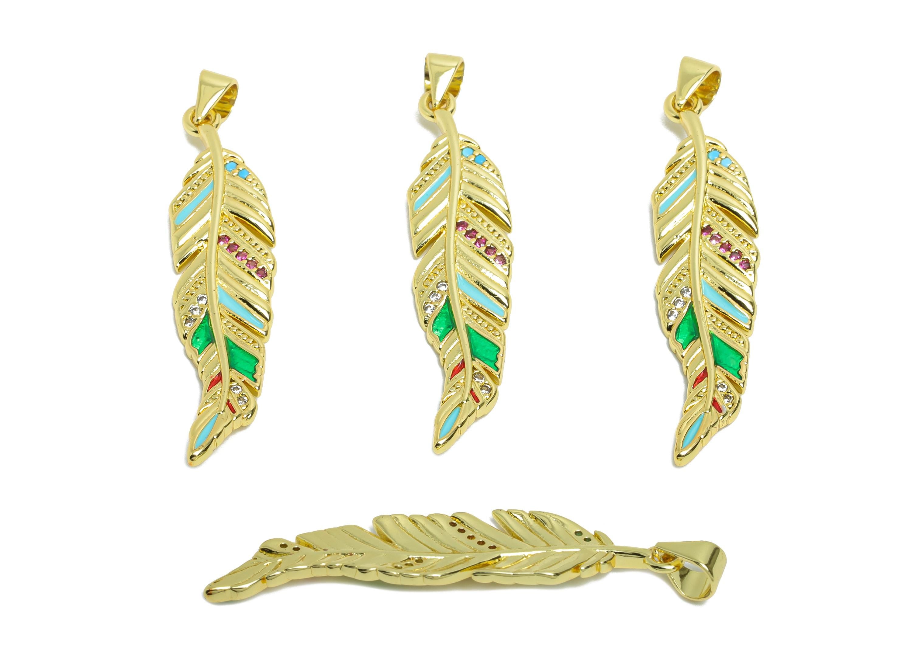 Brass Feather Pendant - Textured CZ Enamel Pendant for Necklace - Refined Gold Jewelry - 18K Real Gold Plated - 40.74x9.56x2.64mm - RGP9732 - DOMEDBAZAAR