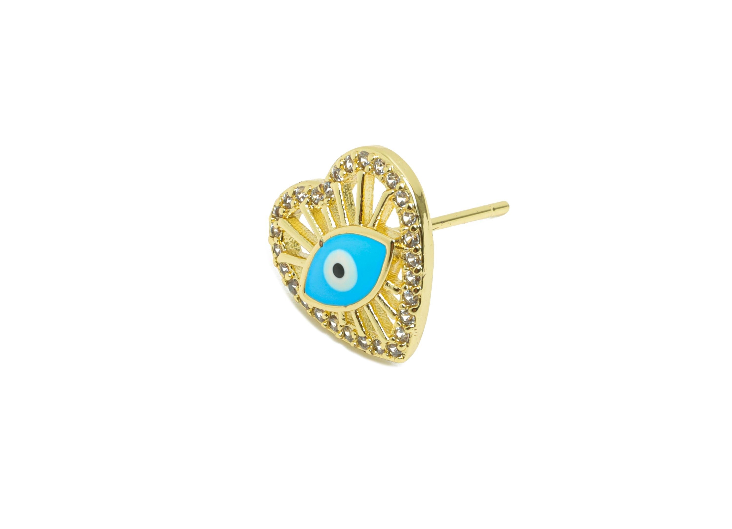 Brass CZ Heart Stud - Modern Enamel Eye Earring Post for Gift - Gold Sparkling Jewelry - 18K Real Gold Plated - 11.75x11.91x0.75mm - RGP9823 - DOMEDBAZAAR