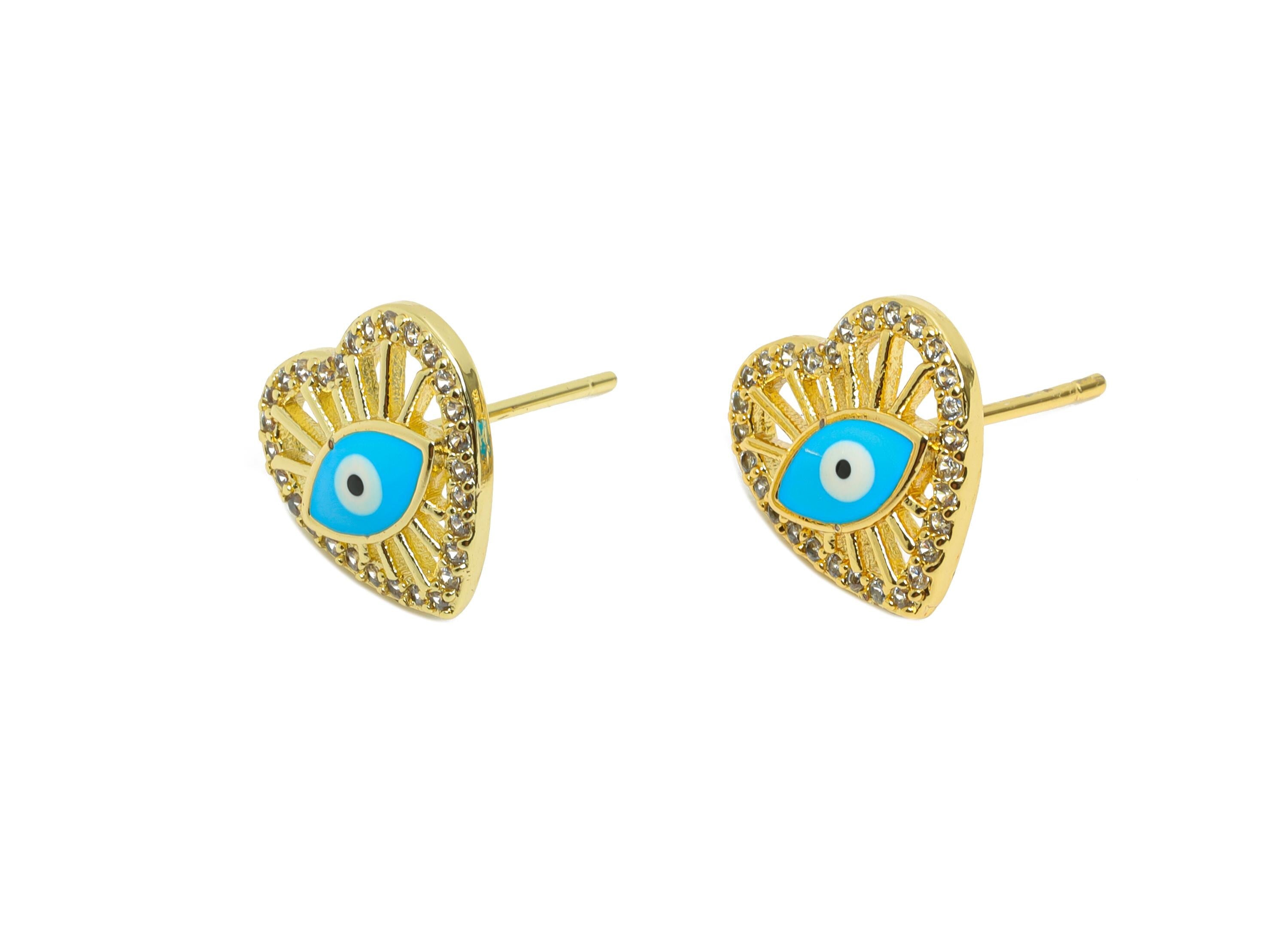 Brass CZ Heart Stud - Modern Enamel Eye Earring Post for Gift - Gold Sparkling Jewelry - 18K Real Gold Plated - 11.75x11.91x0.75mm - RGP9823 - DOMEDBAZAAR
