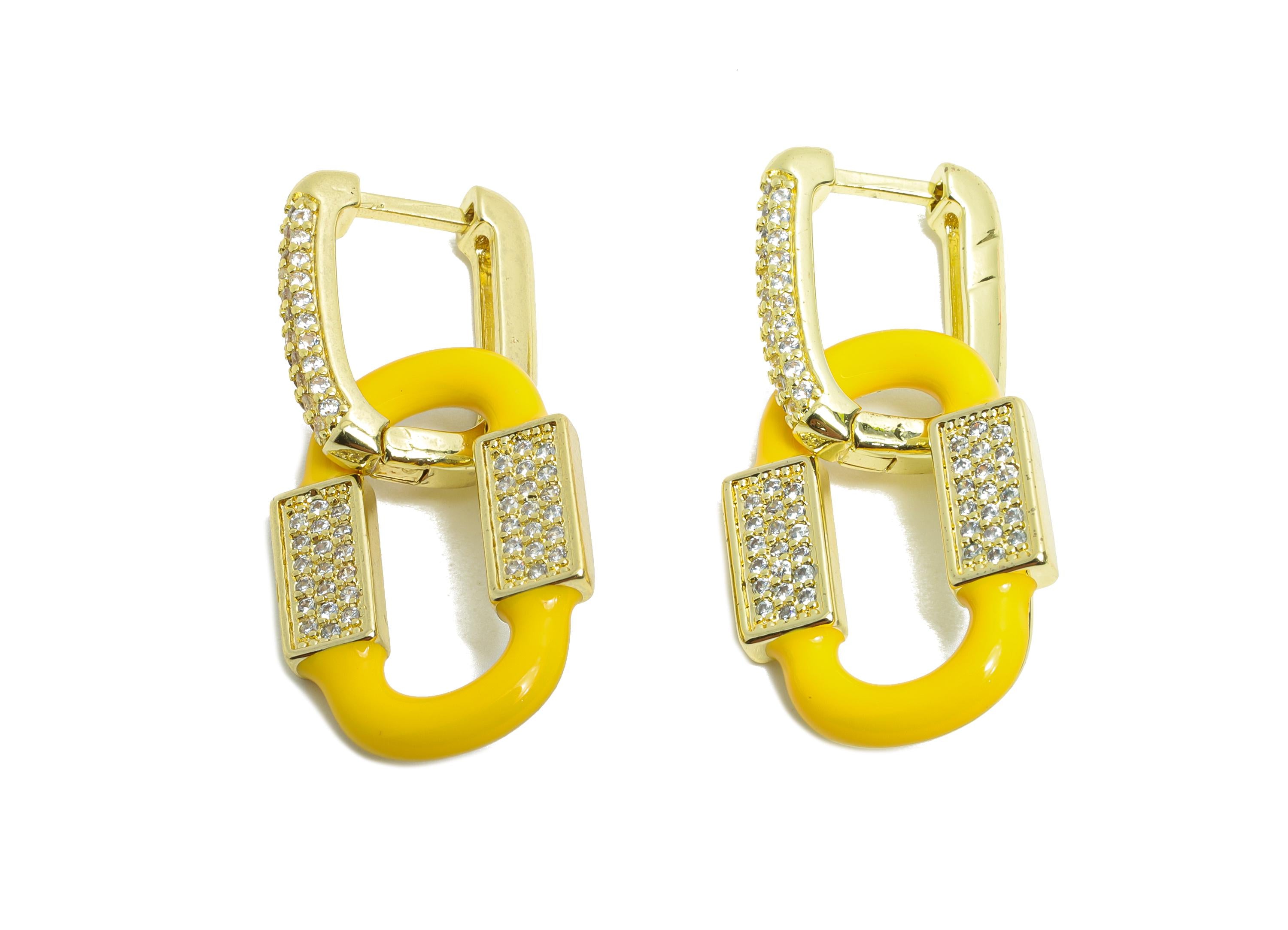 Dangle CZ U Hoop Clasp Earring - Enamel Oval Rectangle Earring - Brass CZ Huggie Hoop Clasp - 18K Gold Plated - 33.21x14.92x3mm - RGP9776 - DOMEDBAZAAR