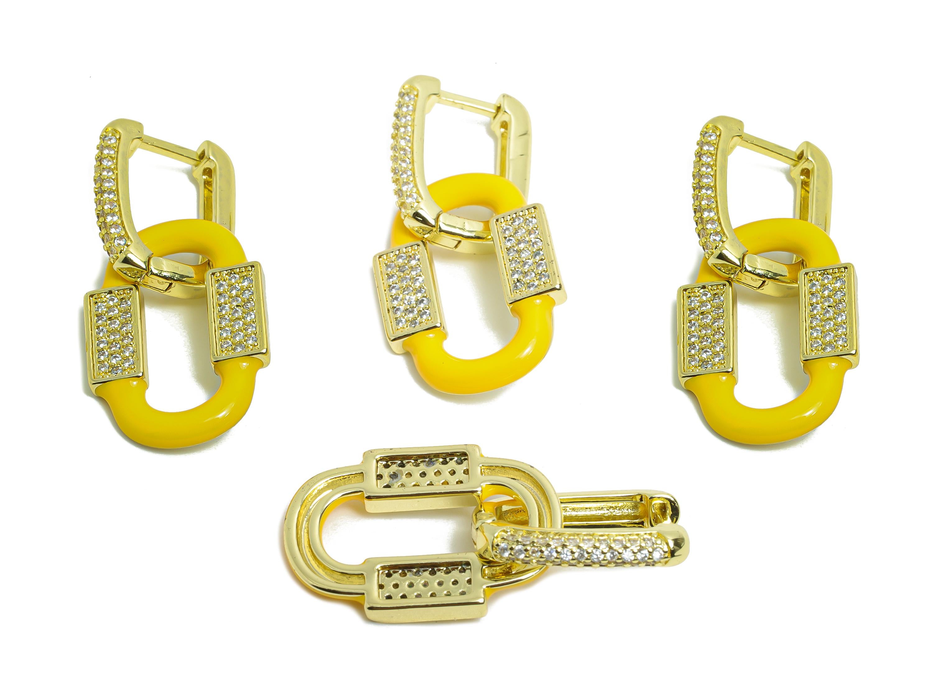Dangle CZ U Hoop Clasp Earring - Enamel Oval Rectangle Earring - Brass CZ Huggie Hoop Clasp - 18K Gold Plated - 33.21x14.92x3mm - RGP9776 - DOMEDBAZAAR