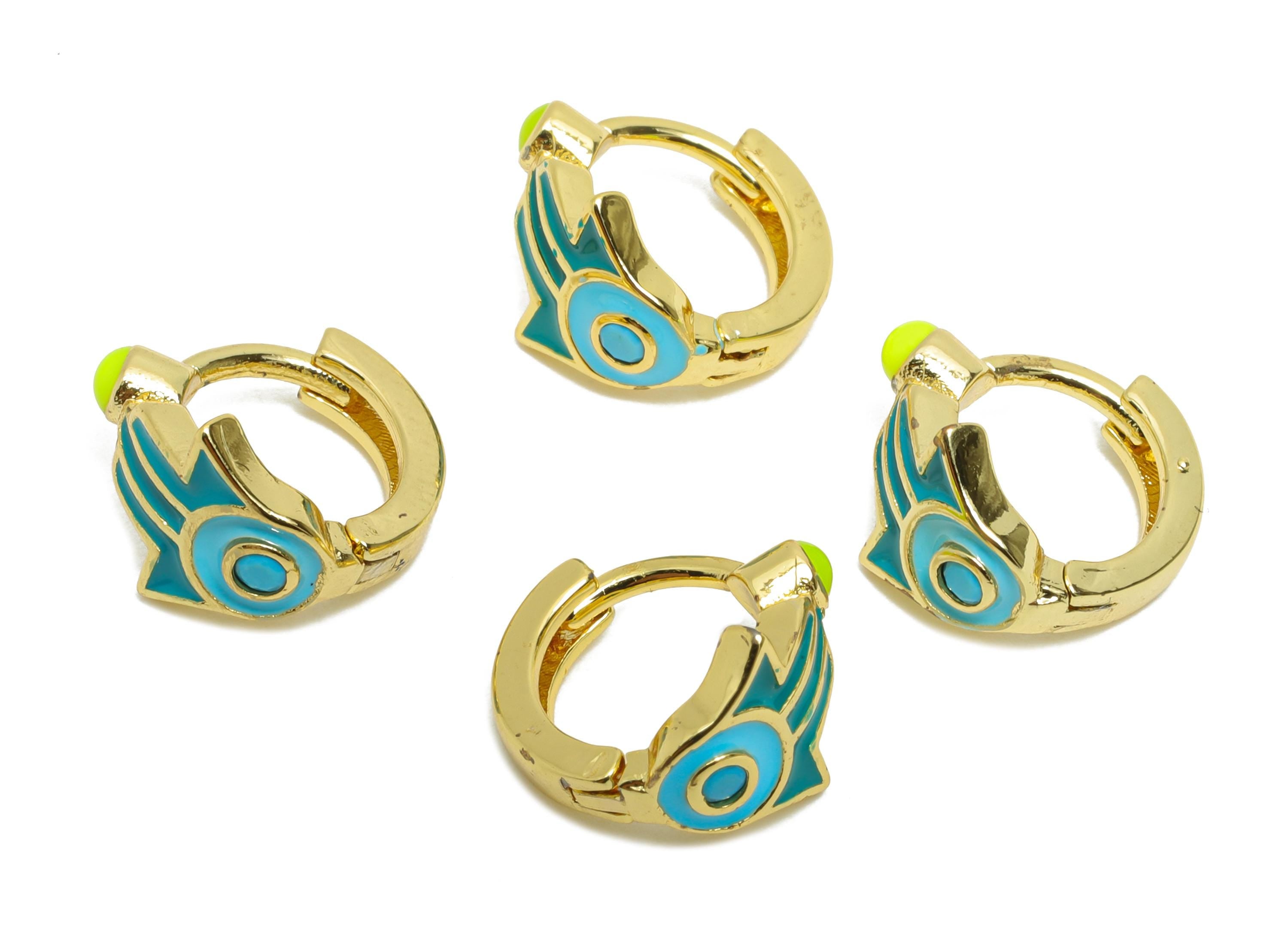 Gold Hamsa Huggie Hoop Clasp - Mini Enamel Statement Earring - Modern Brass Hoop Clasp - 18K Real Gold Plated - 11.41x12.1x8.41mm - RGP9755 - DOMEDBAZAAR