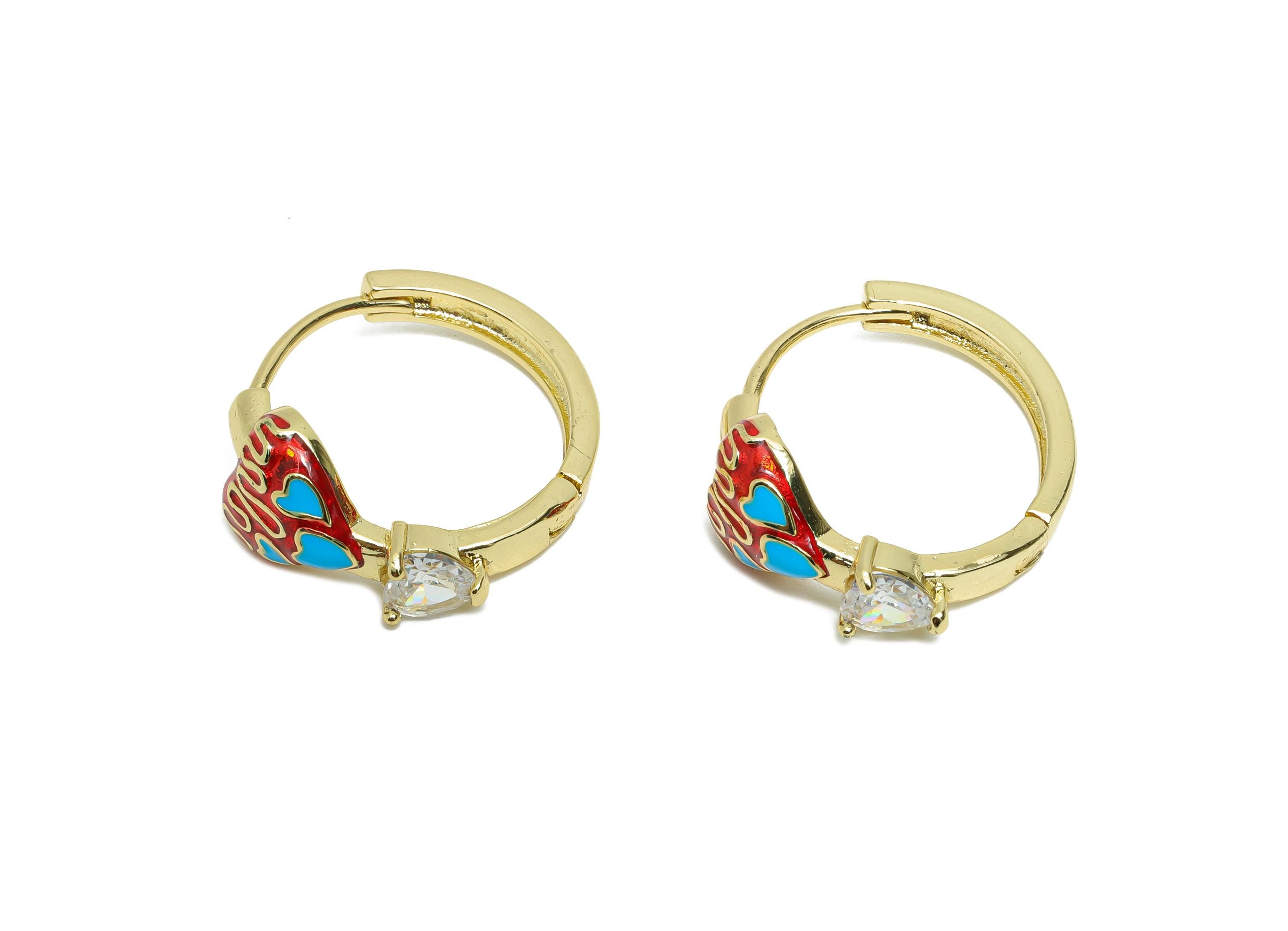 Brass Heart Hoop Clasp - Enamel Zircon Colorful Hoop Earring - Heart Motif Huggie Hoop Clasp - 18K Real Gold Plated - 21x20x9mm - RGP9760 - DOMEDBAZAAR
