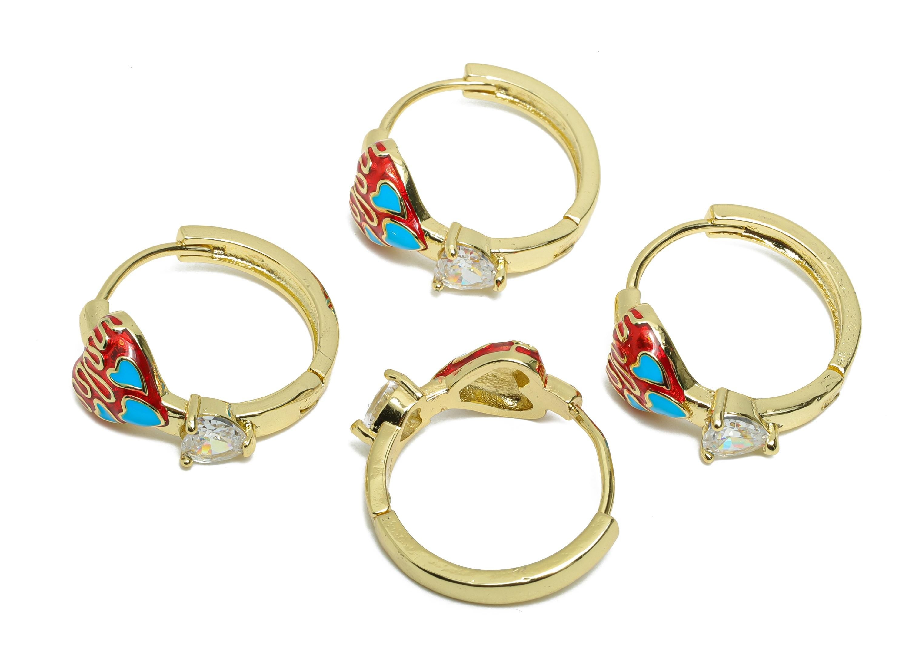 Brass Heart Hoop Clasp - Enamel Zircon Colorful Hoop Earring - Heart Motif Huggie Hoop Clasp - 18K Real Gold Plated - 21x20x9mm - RGP9760 - DOMEDBAZAAR