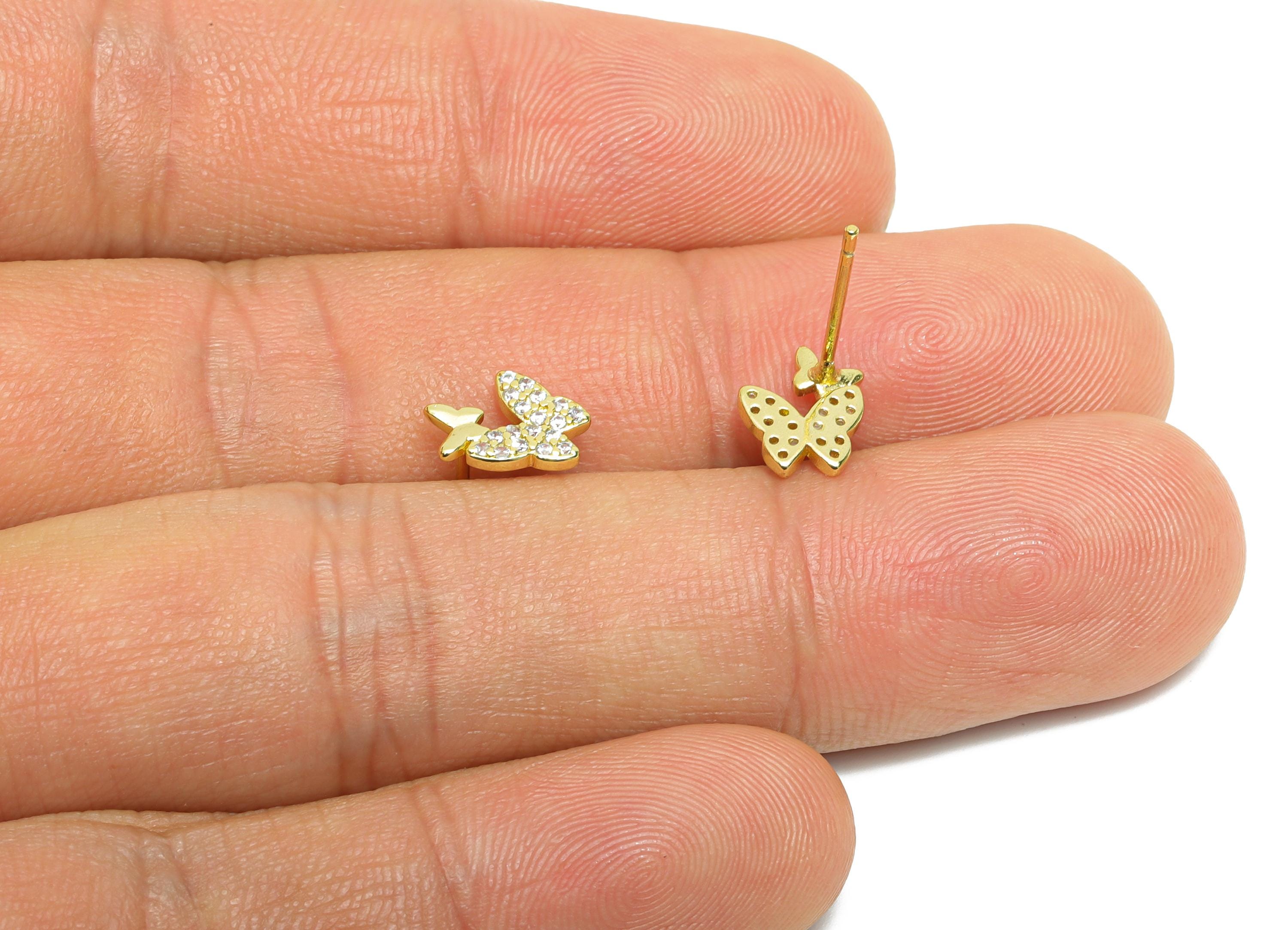 Sparkling Gold CZ Stud - Mini Double Butterfly Earring Post for Girls - Brass Minimalism Jewelry - 18K Gold Plated - 9.17x7.35x0.7mm-RGP9830 - DOMEDBAZAAR