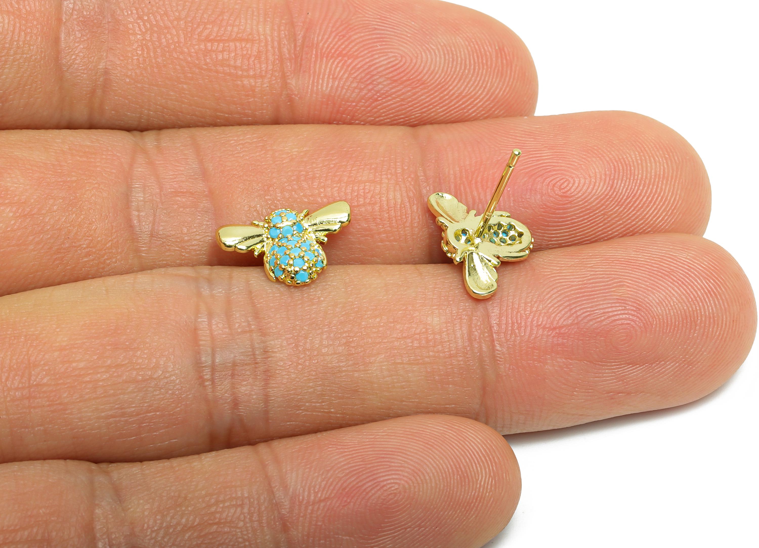 Sparkling Gold CZ Studs - Dainty Bee Insects Earring Post - Brass Modern Jewelry - 18K Real Gold Plated Brass - 9.25x12.91x0.81mm - RGP9828 - DOMEDBAZAAR