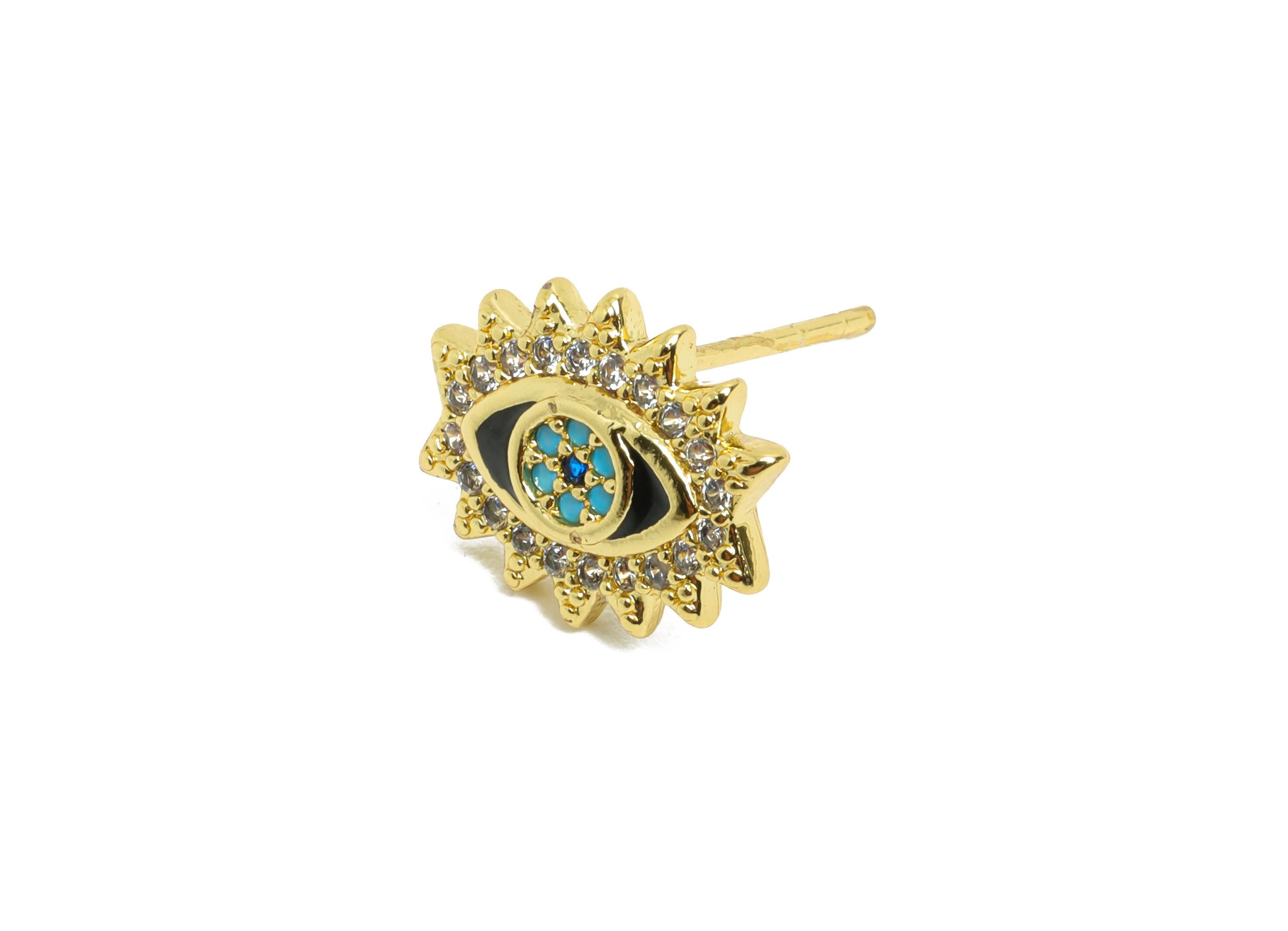 Sparkling Evil Eye Gold CZ Studs - Enamel Eye Earring Post - Brass Minimalism Jewelry - 18K Real Gold Plated - 10.49x12.19x0.76mm - RGP9842 - DOMEDBAZAAR