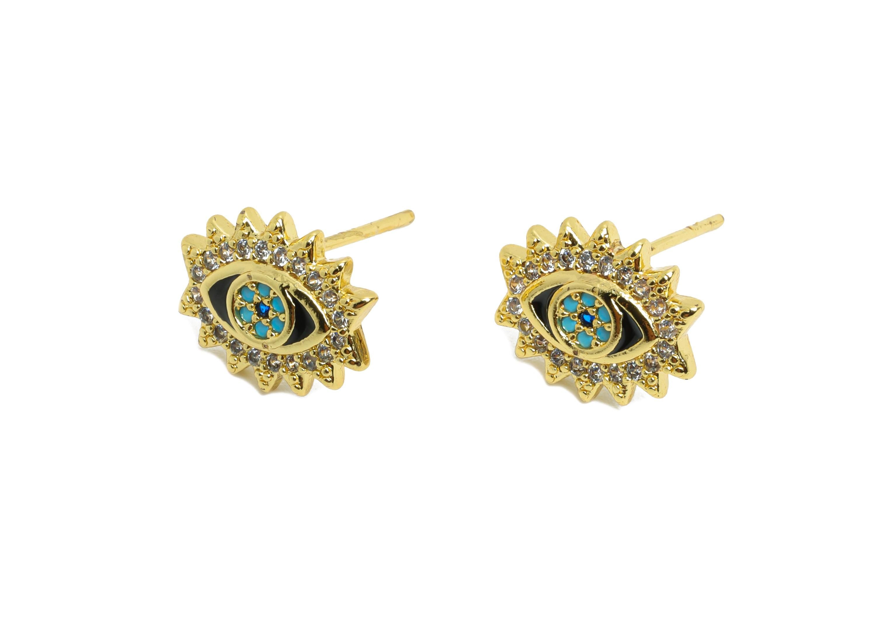 Sparkling Evil Eye Gold CZ Studs - Enamel Eye Earring Post - Brass Minimalism Jewelry - 18K Real Gold Plated - 10.49x12.19x0.76mm - RGP9842 - DOMEDBAZAAR