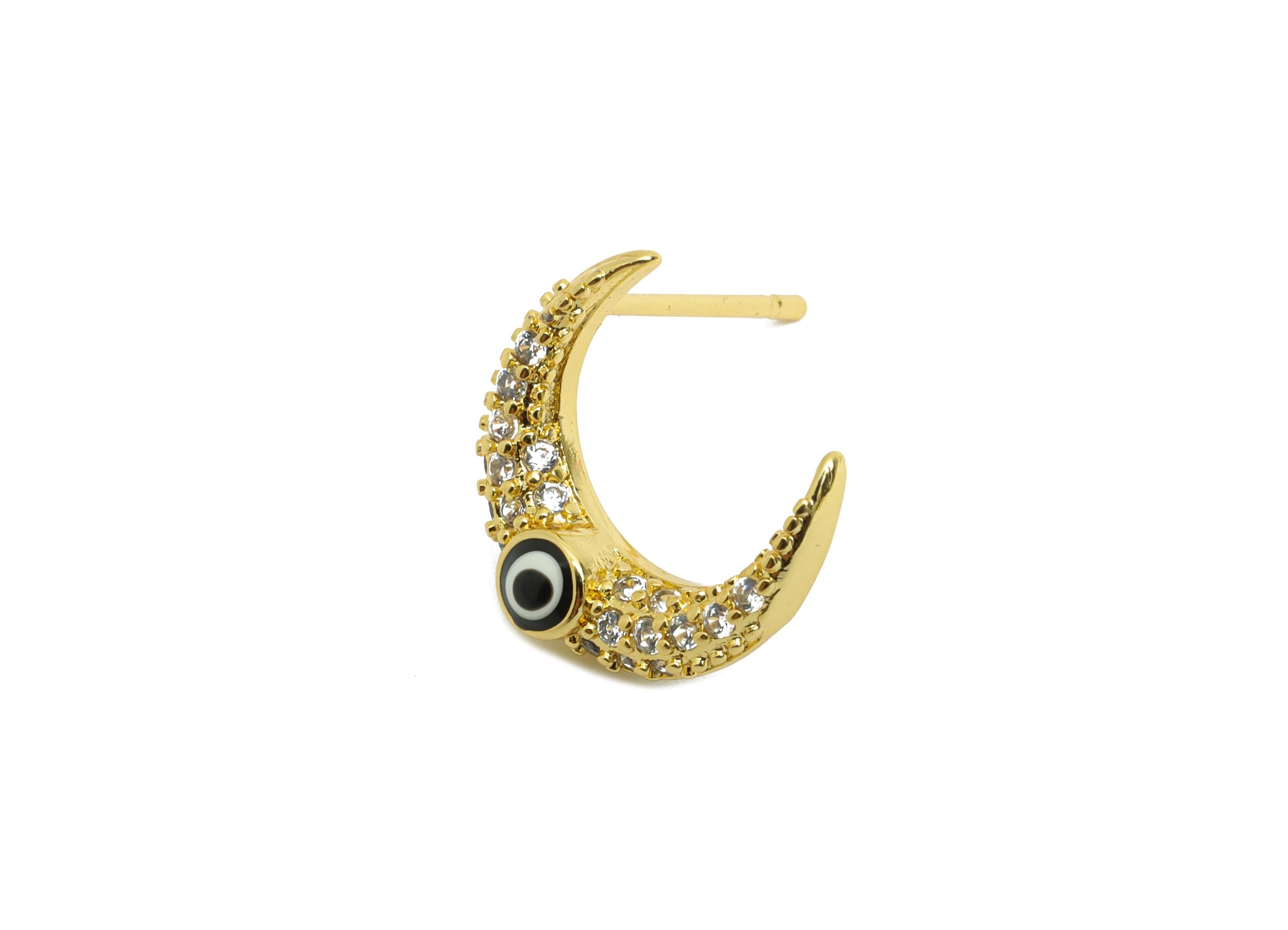 Sparkling Crescent Gold CZ Studs - Enamel Eye Earring Post - Brass Minimalism Jewelry - 18K Real Gold Plated - 12.7x11.5x0.75mm - RGP9833 - DOMEDBAZAAR