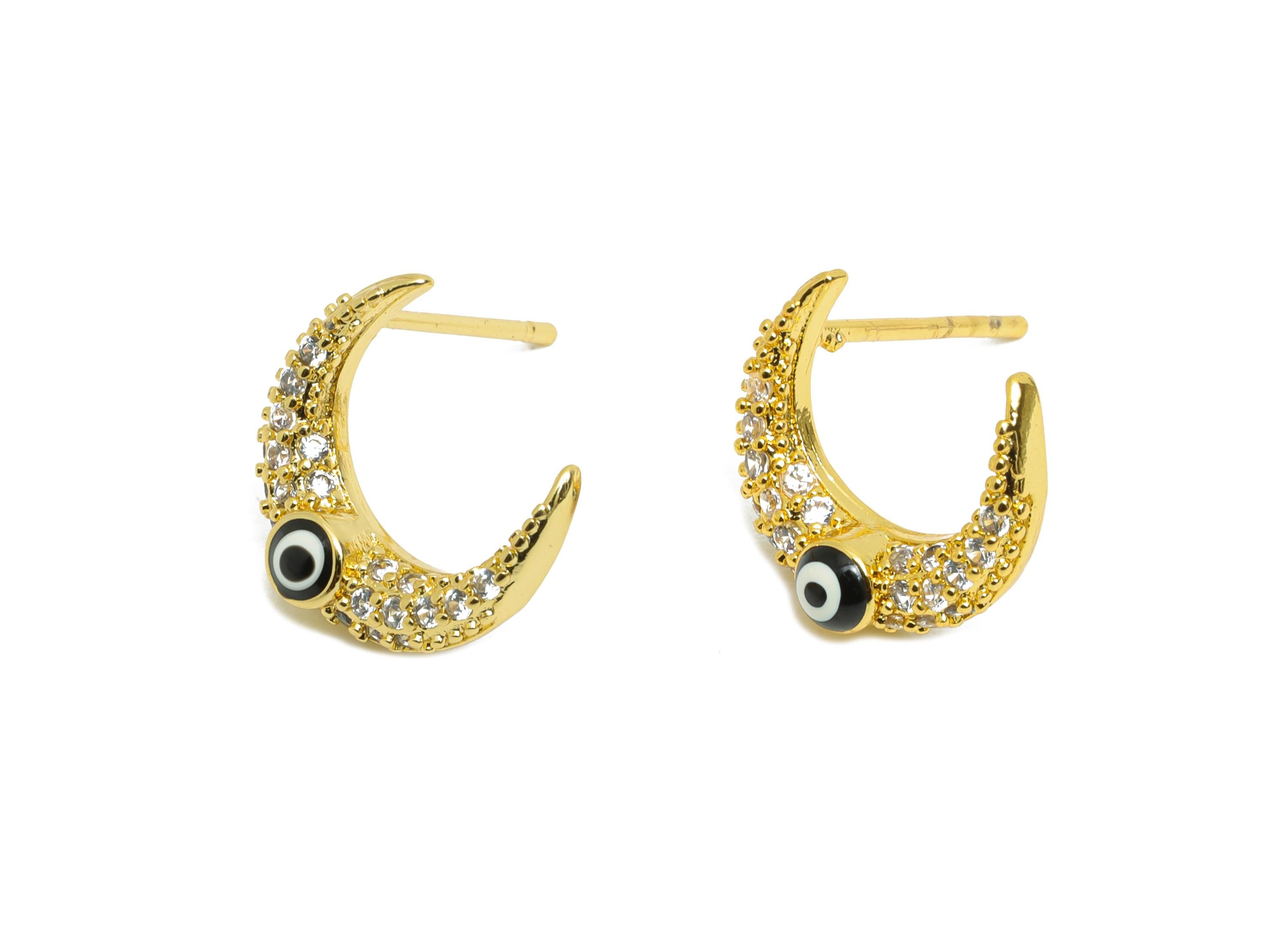 Sparkling Crescent Gold CZ Studs - Enamel Eye Earring Post - Brass Minimalism Jewelry - 18K Real Gold Plated - 12.7x11.5x0.75mm - RGP9833 - DOMEDBAZAAR