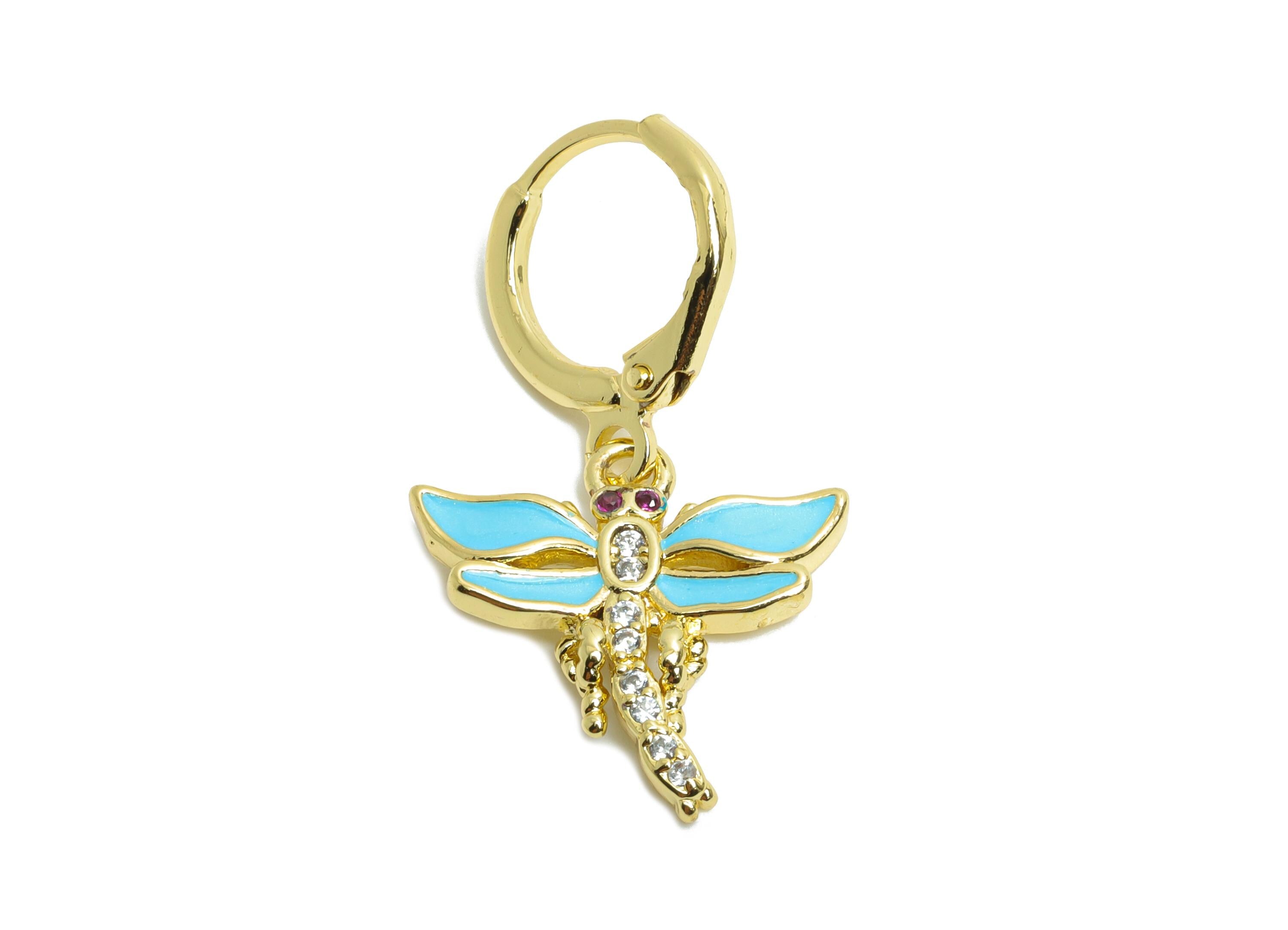 Brass Dragonfly Hoop - Zircon Enamel Lever back Hoop - Gold Insect Dangle Earring Hoop - 18K Real Gold Plated - 29x16x2.2mm - RGP9788 - DOMEDBAZAAR