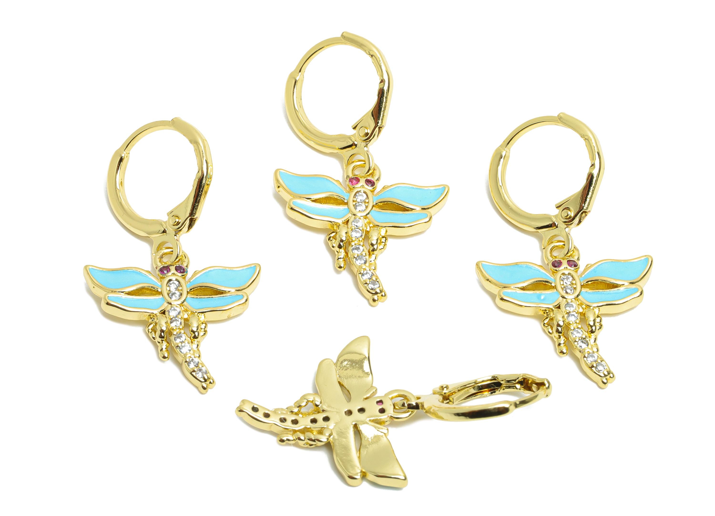 Brass Dragonfly Hoop - Zircon Enamel Lever back Hoop - Gold Insect Dangle Earring Hoop - 18K Real Gold Plated - 29x16x2.2mm - RGP9788 - DOMEDBAZAAR