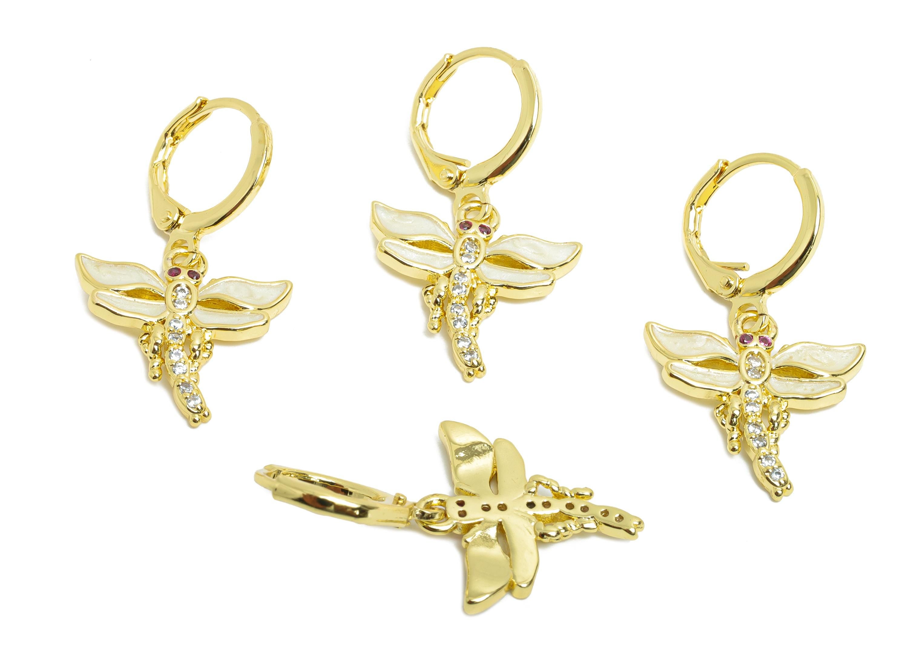 Brass White Dragonfly Hoop - Zircon Enamel Lever back Hoop - Gold Insect Dangle Earring Hoop - 18K Real Gold Plated - 29x16x2.2mm - RGP9787 - DOMEDBAZAAR