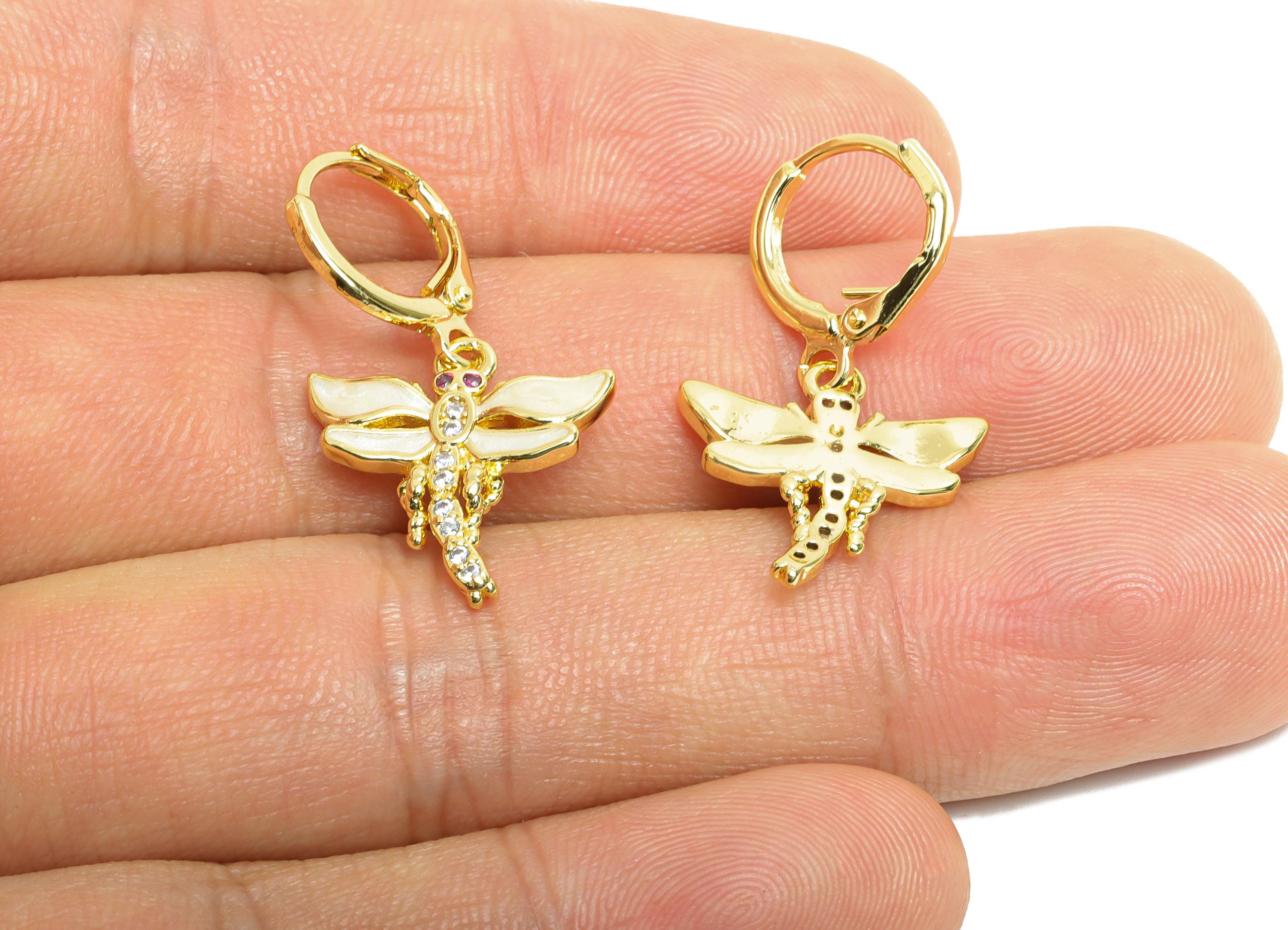 Brass White Dragonfly Hoop - Zircon Enamel Lever back Hoop - Gold Insect Dangle Earring Hoop - 18K Real Gold Plated - 29x16x2.2mm - RGP9787 - DOMEDBAZAAR