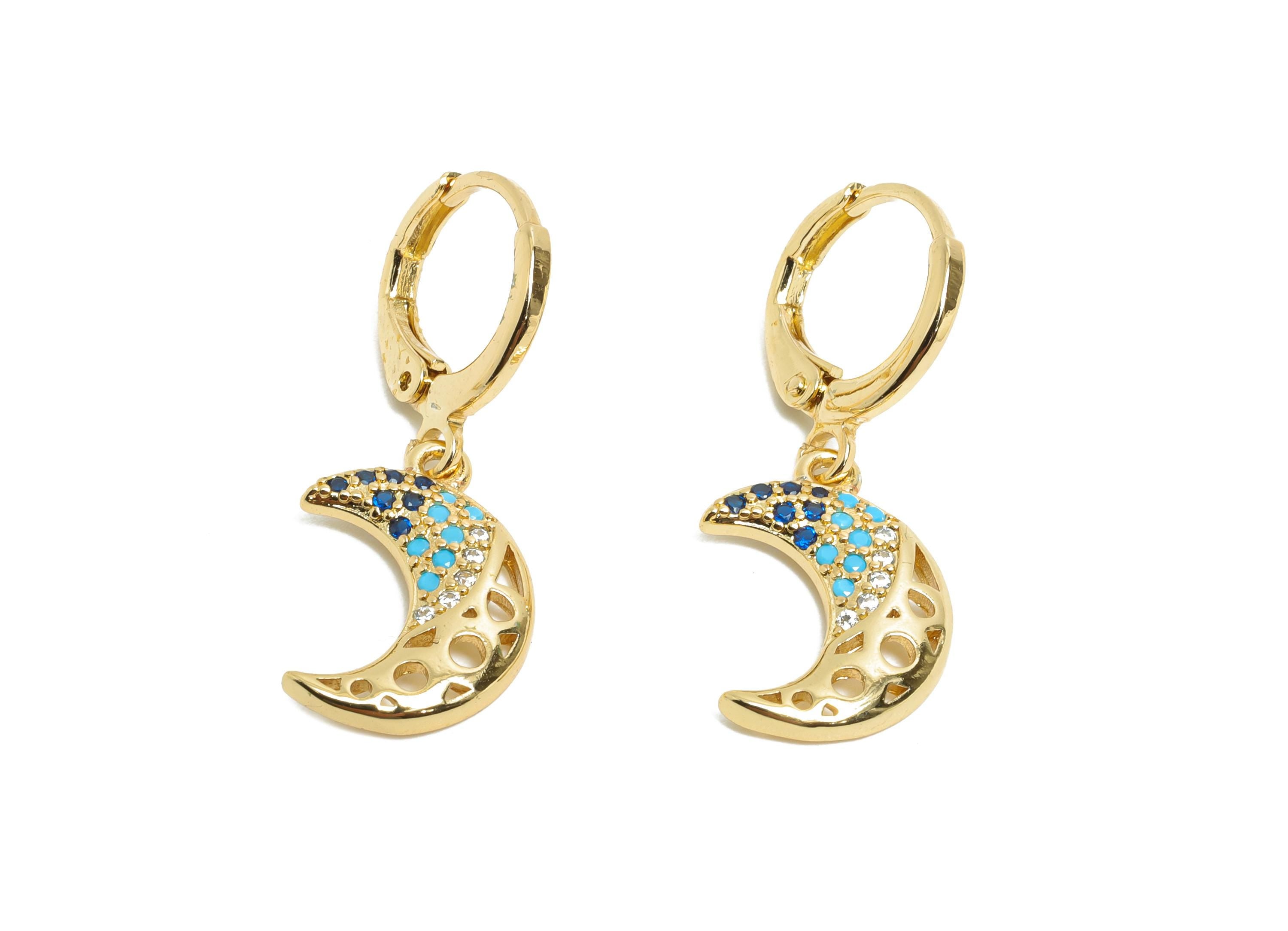 Brass CZ Crescent Hoop - Zircon Sparking Lever back Hoop - Gold Moon Dangle Earring Hoop - 18K Real Gold Plated - 29x11x2.01mm - RGP9810 - DOMEDBAZAAR