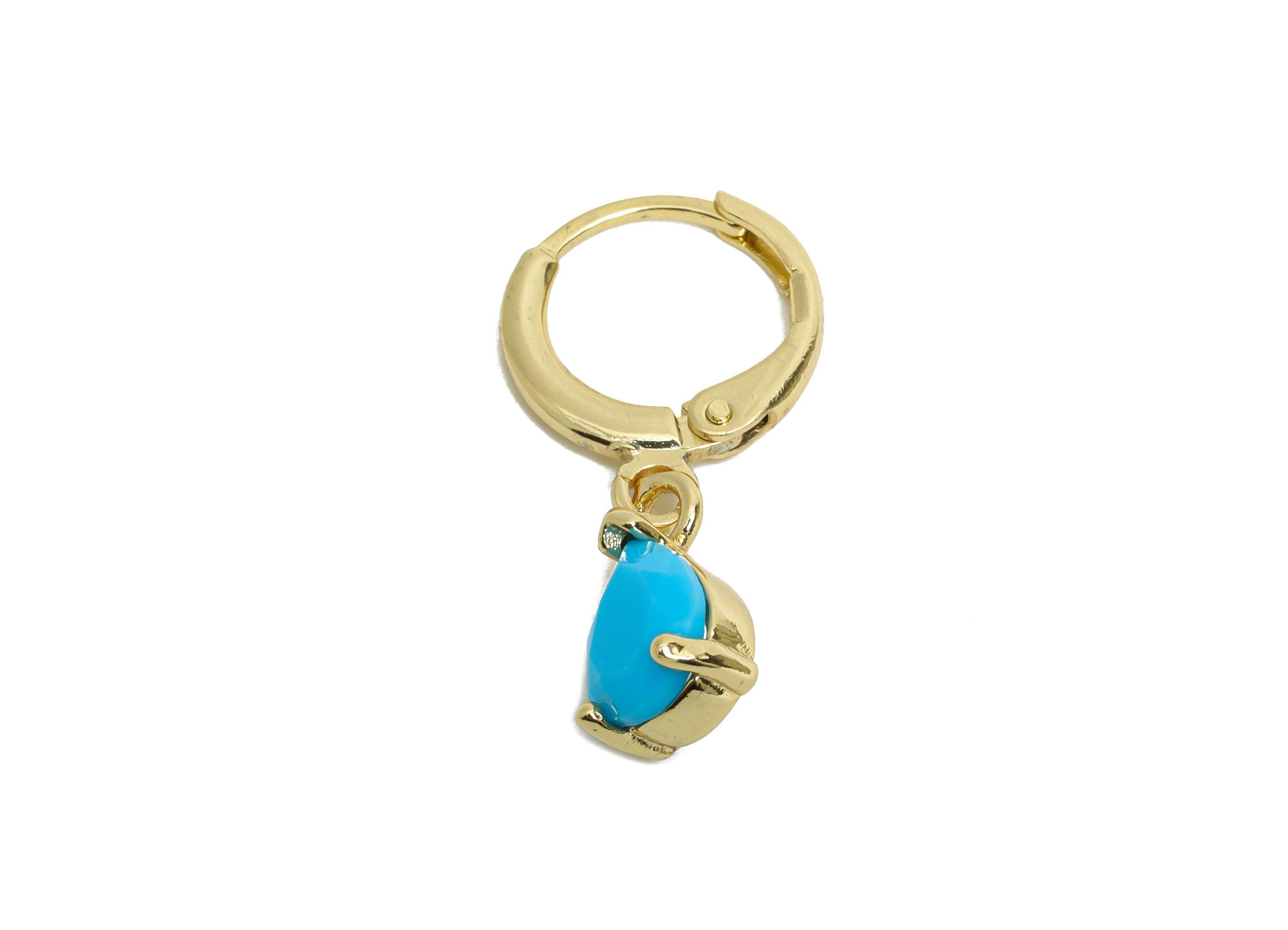 Dangle Drop Hoop Lever back Earring - Blue Glass Drop Earring - Brass Gold Huggie Hoop Clasp - 18K Gold Plated - 25.18x6.17x4.36mm - RGP9799 - DOMEDBAZAAR