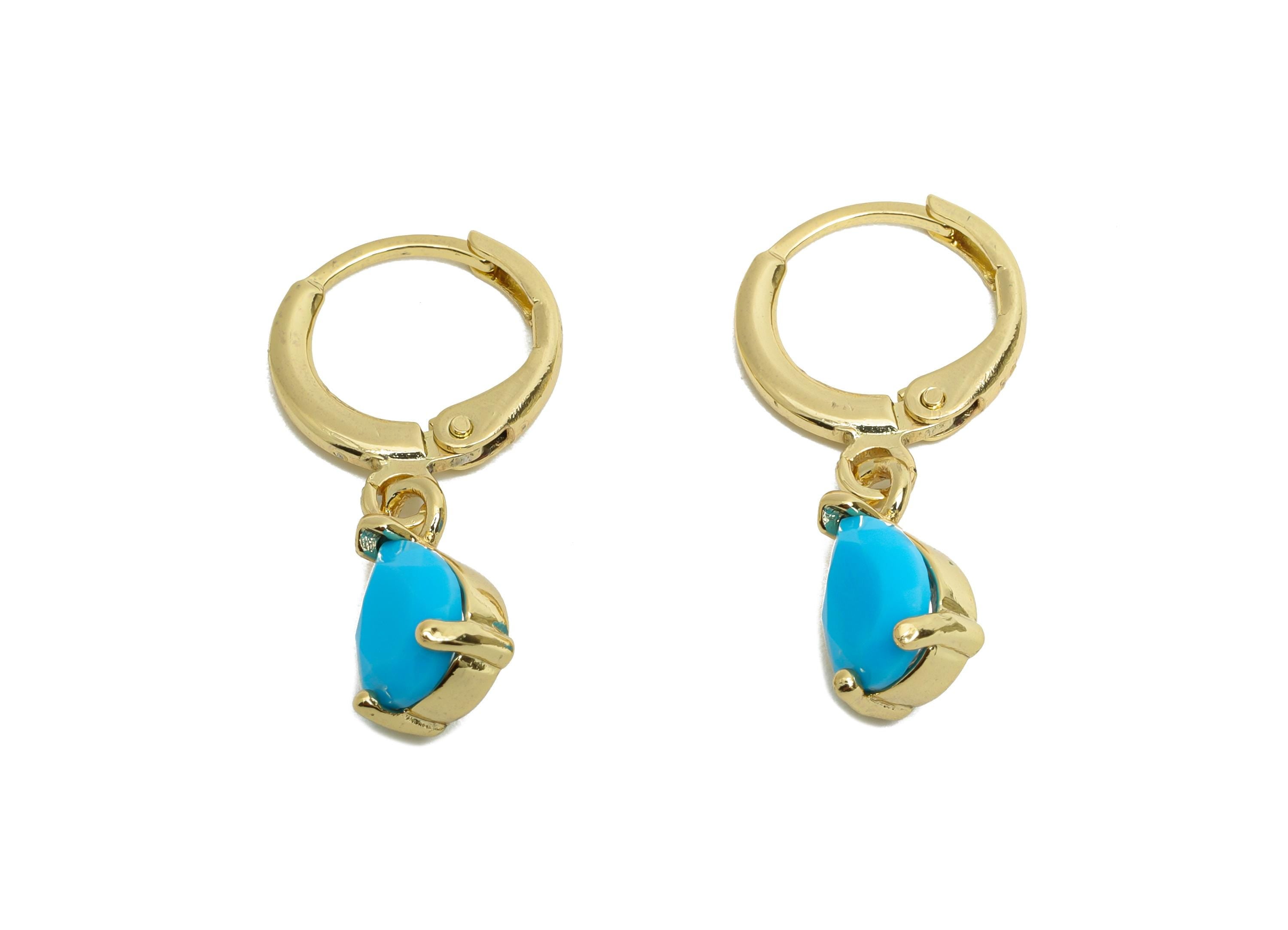 Dangle Drop Hoop Lever back Earring - Blue Glass Drop Earring - Brass Gold Huggie Hoop Clasp - 18K Gold Plated - 25.18x6.17x4.36mm - RGP9799 - DOMEDBAZAAR