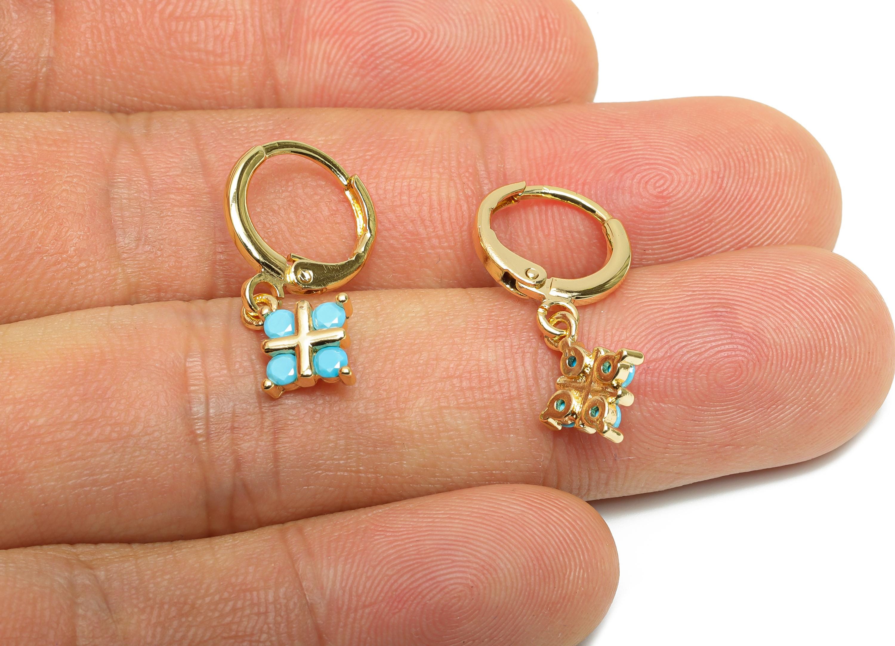 Brass CZ Square Hoop - Zircon Geometry Lever back Hoop - Blue Zircon Dangle Earring Hoop - 18K Real Gold Plated - 24x9x2.46mm - RGP9805 - DOMEDBAZAAR