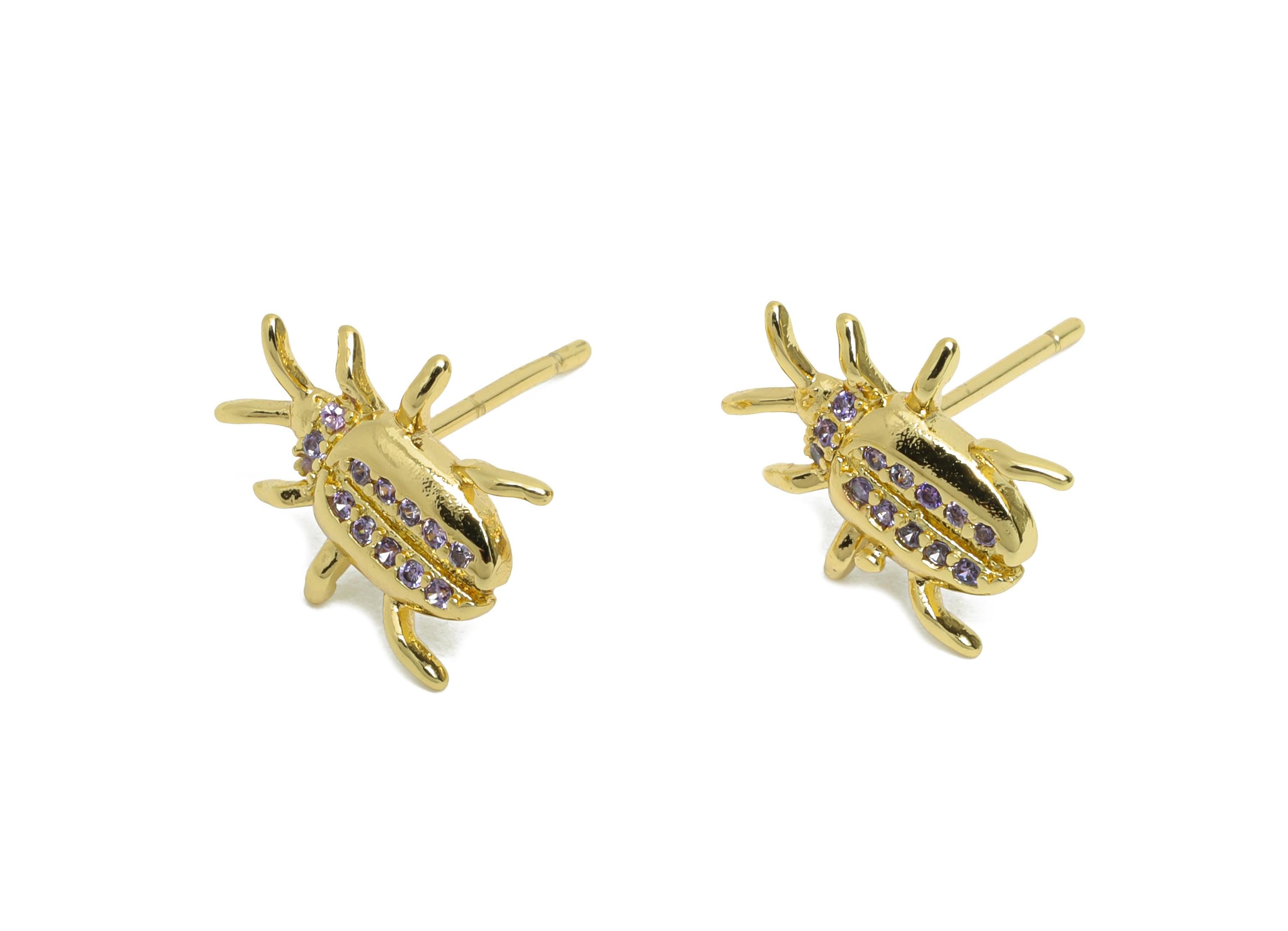 Sparkling Beetle CZ Studs - Gold Dainty Insects Earring Post - Brass Modern Jewelry - 18K Real Gold Plated - 12.04x11.15x0.81mm - RGP9829 - DOMEDBAZAAR