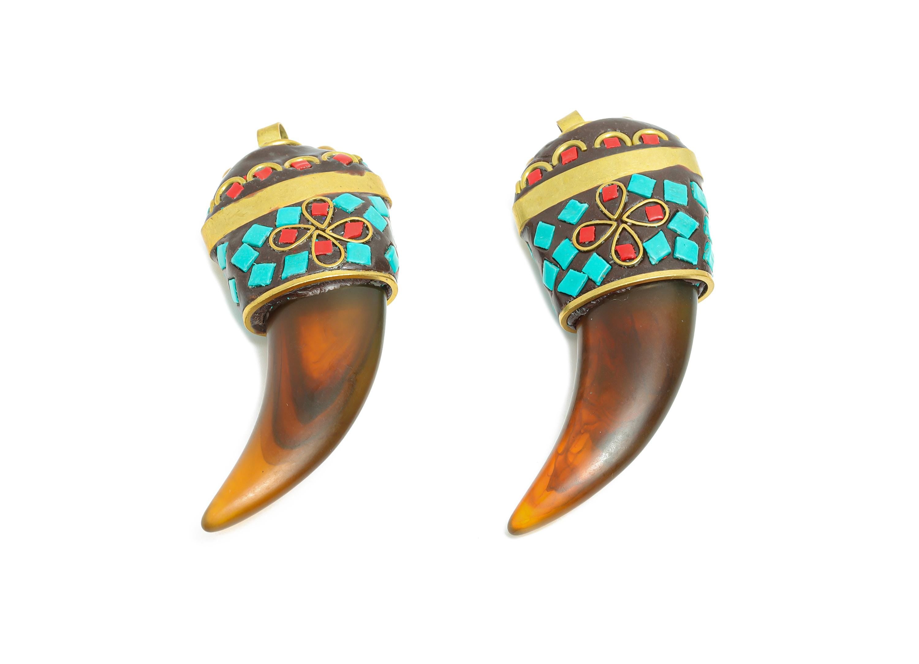 Sandalwood Horn Pendant - Bohemian Polymer Clay Necklace Pendant - Resin Nepalese Handmade Artistry Jewelry - 57.52x24.82x12.71mm - RGP9849 - DOMEDBAZAAR