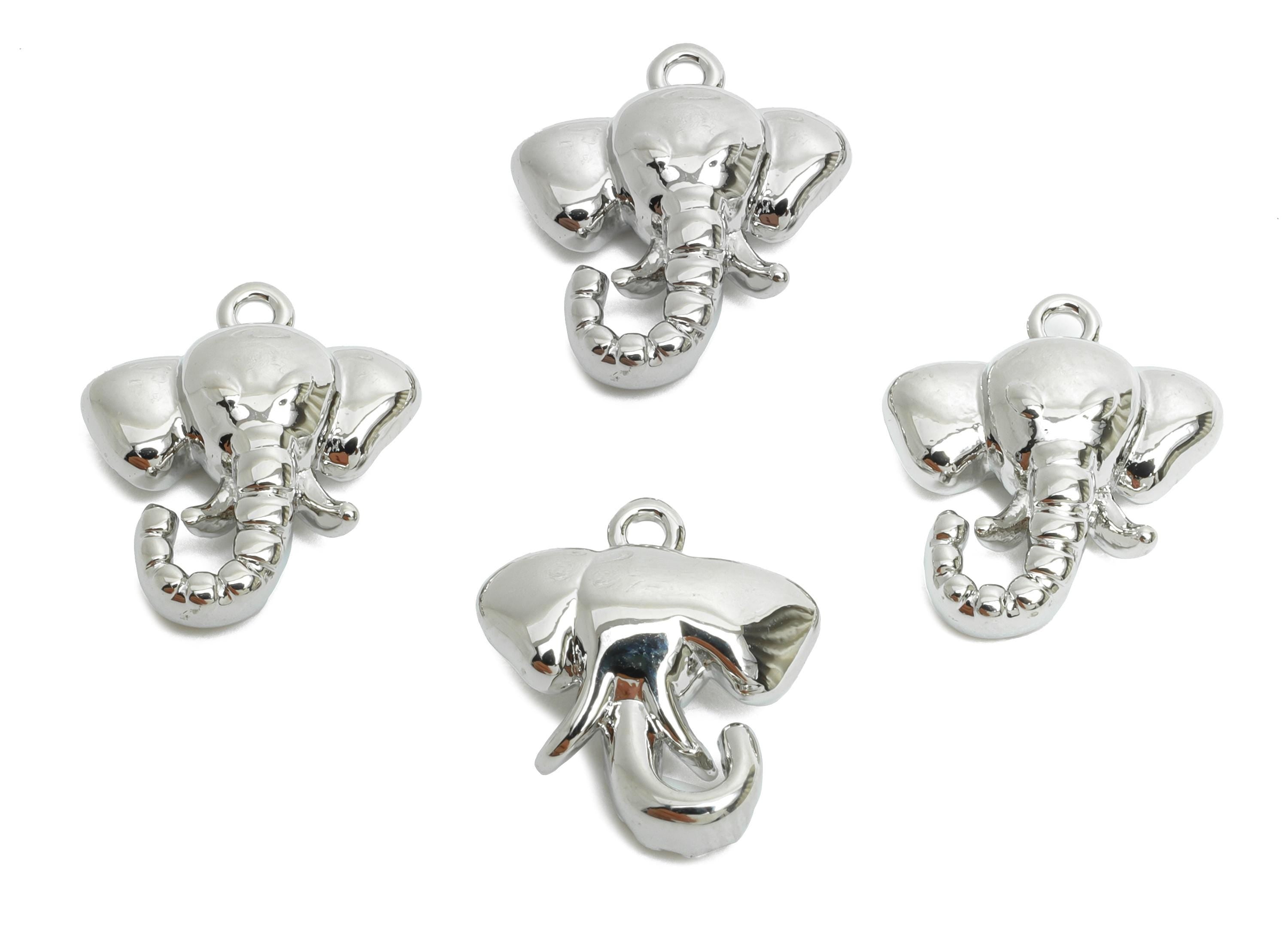 Brass Elephant Charm - Silver Elephant Animal Pendant for Necklace - Refined Jewelry - 18K Real White Gold Plated -14.6x12.6x4.8mm -RGP9915S - DOMEDBAZAAR