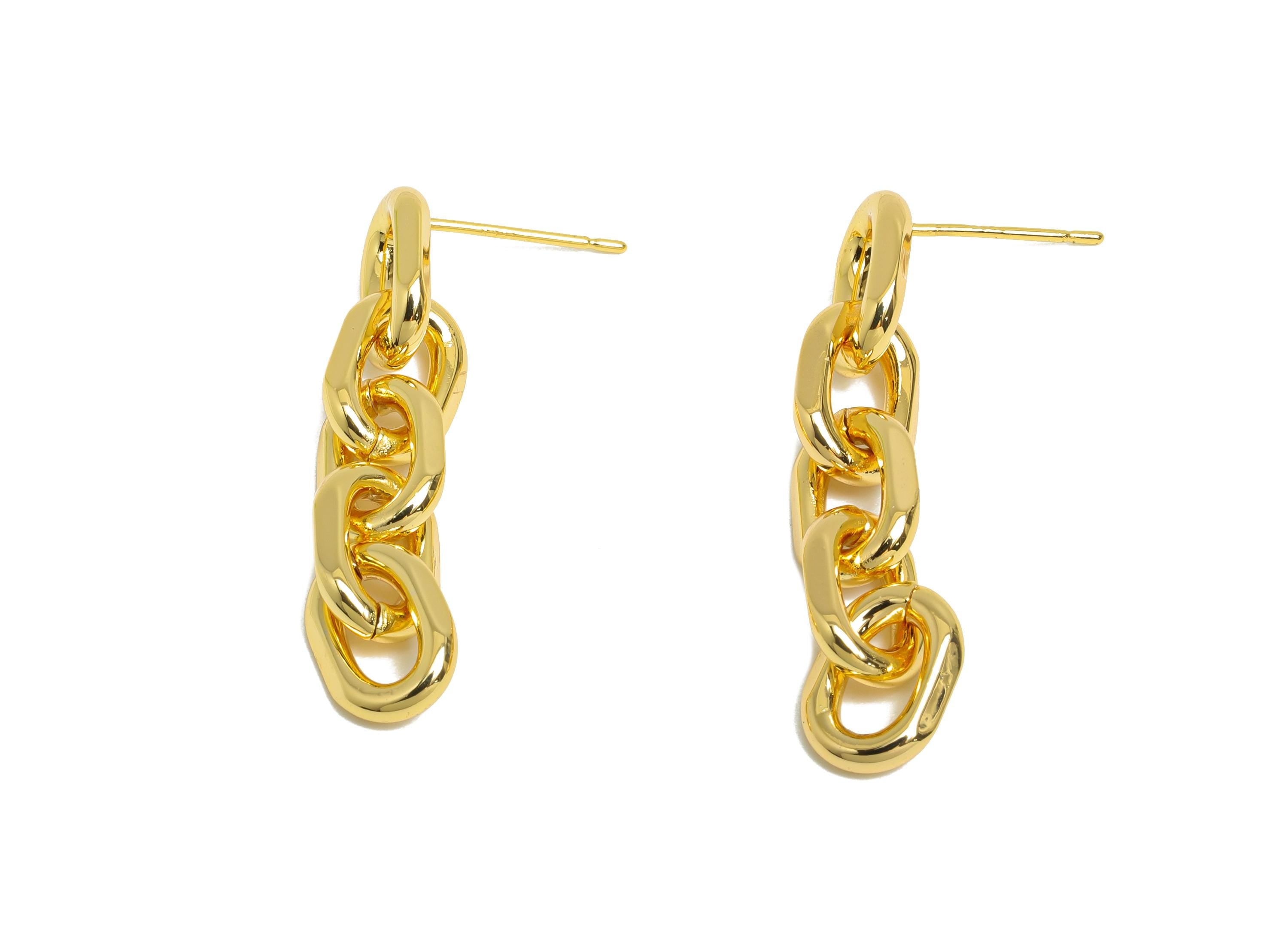 Brass Dangle Chain Earrings Stud - Gold Chic Linked Earring Post - Hanging Oval Earrings Post - 18K Real Gold Plated - 34x7.41x2mm - RGP9529 - DOMEDBAZAAR
