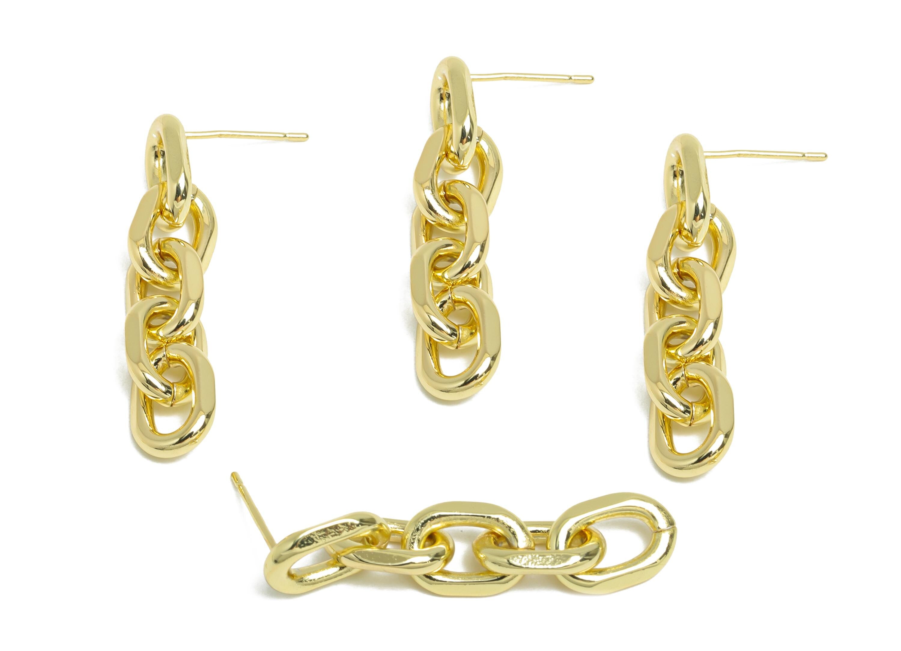 Brass Dangle Chain Earring Stud - Gold Chic Linked Earring Post - Hanging Oval Earring Post - 14K Real Gold Plated - 34x7.41x2mm -RGP9529-14 - DOMEDBAZAAR