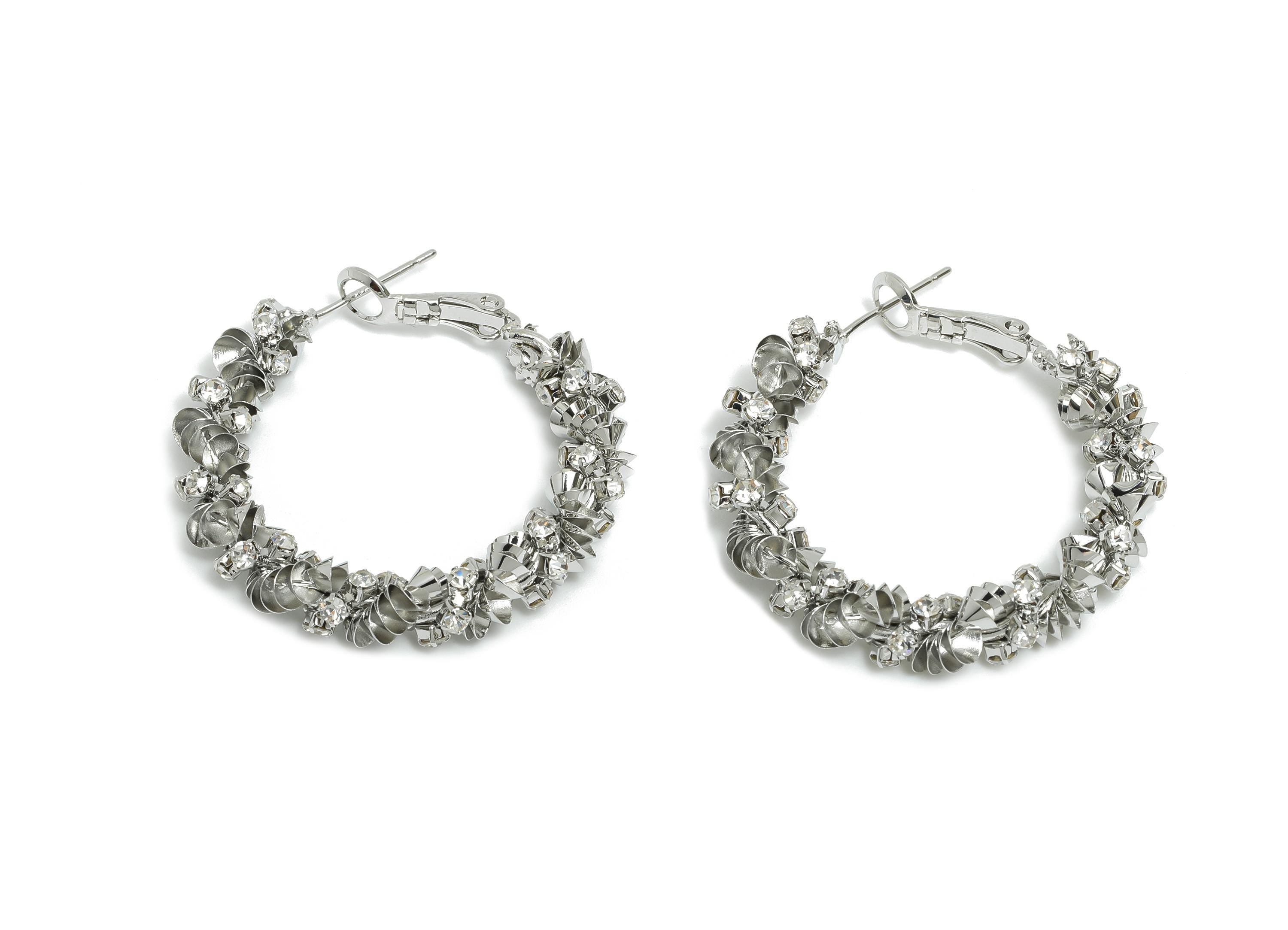 Brass Twisted Hoop Earring - White Round Luxurious Zircon Earring - Geometric Clasp Back Earring -18K White Gold-Plated -34x33x5mm -RGP9524S - DOMEDBAZAAR