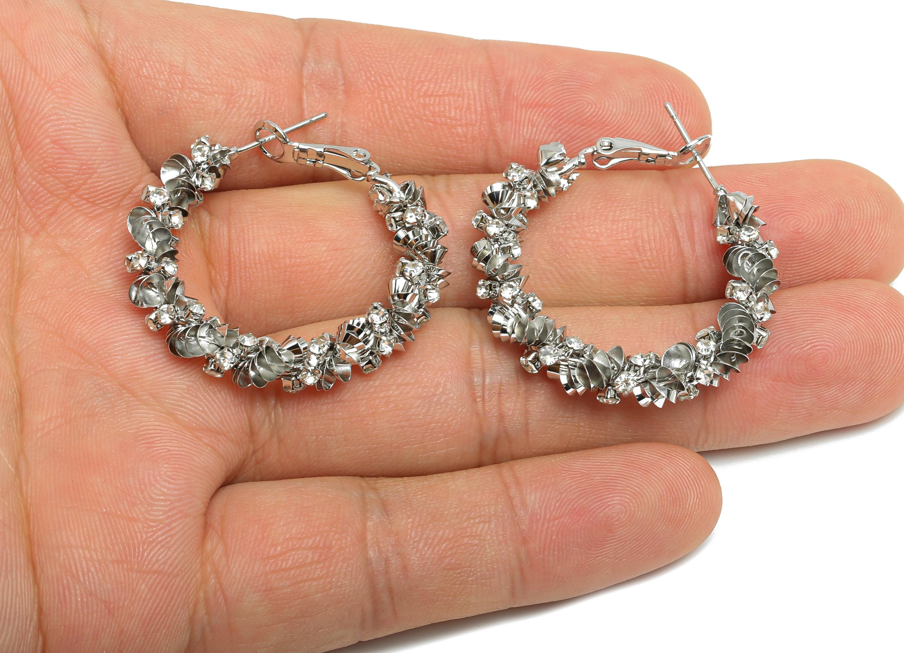 Brass Twisted Hoop Earring - White Round Luxurious Zircon Earring - Geometric Clasp Back Earring -18K White Gold-Plated -34x33x5mm -RGP9524S - DOMEDBAZAAR