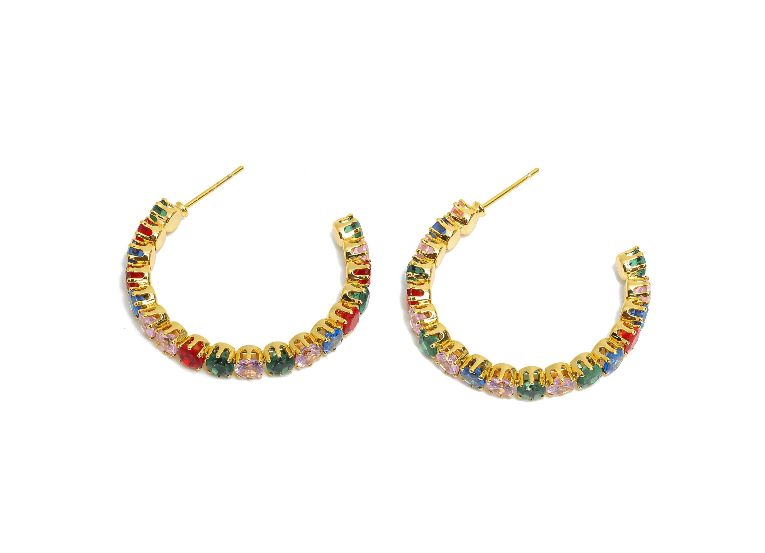 Sparkling C Hoop Post - Inlay Rainbow Round Glass Earring Stud - Gold Brass Open C Post - 18K Real Gold Plated - 34x28.37x4.72mm - RGP9941 - DOMEDBAZAAR