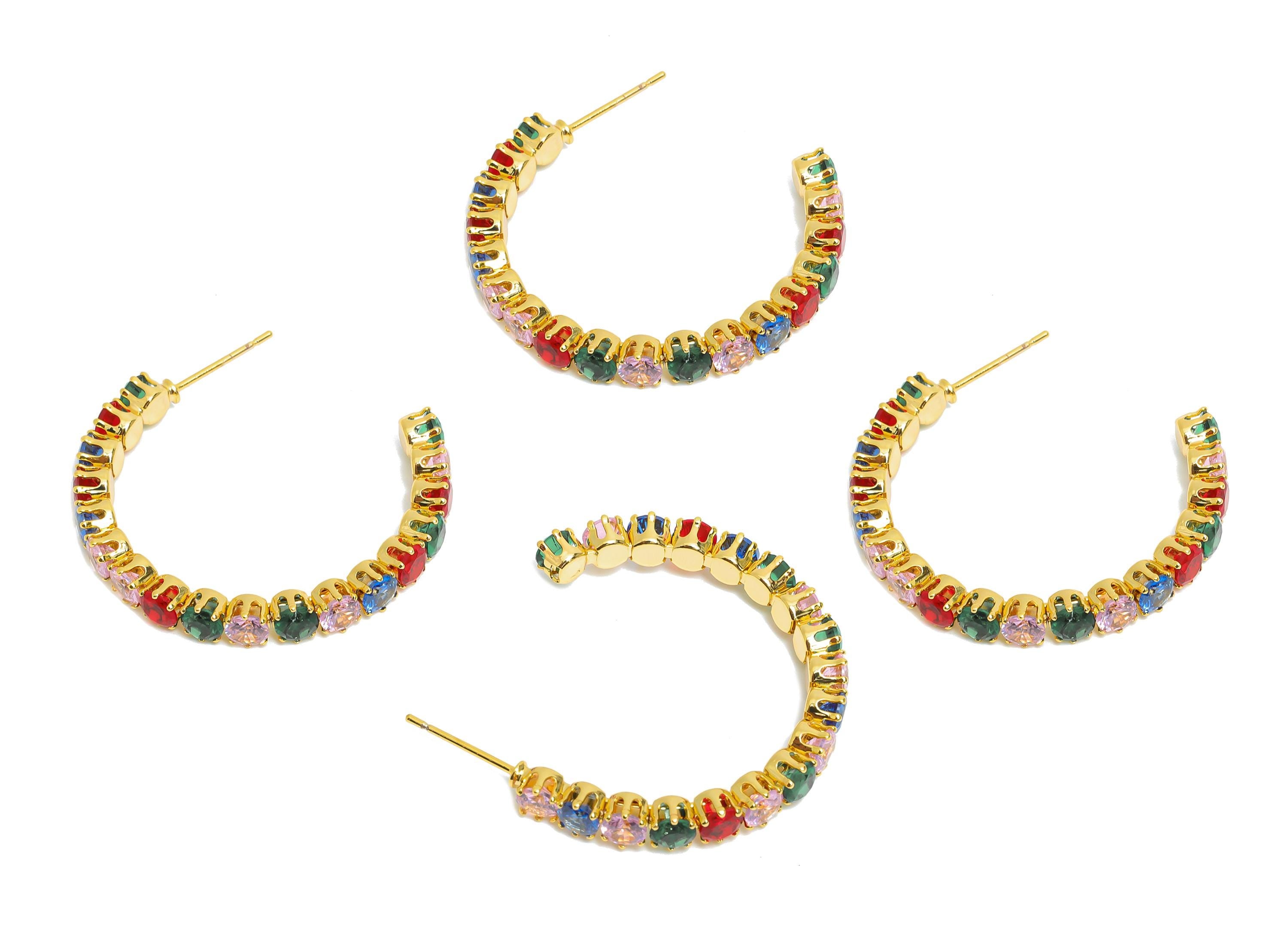Sparkling C Hoop Post - Inlay Rainbow Round Glass Earring Stud - Gold Brass Open C Post - 18K Real Gold Plated - 34x28.37x4.72mm - RGP9941 - DOMEDBAZAAR