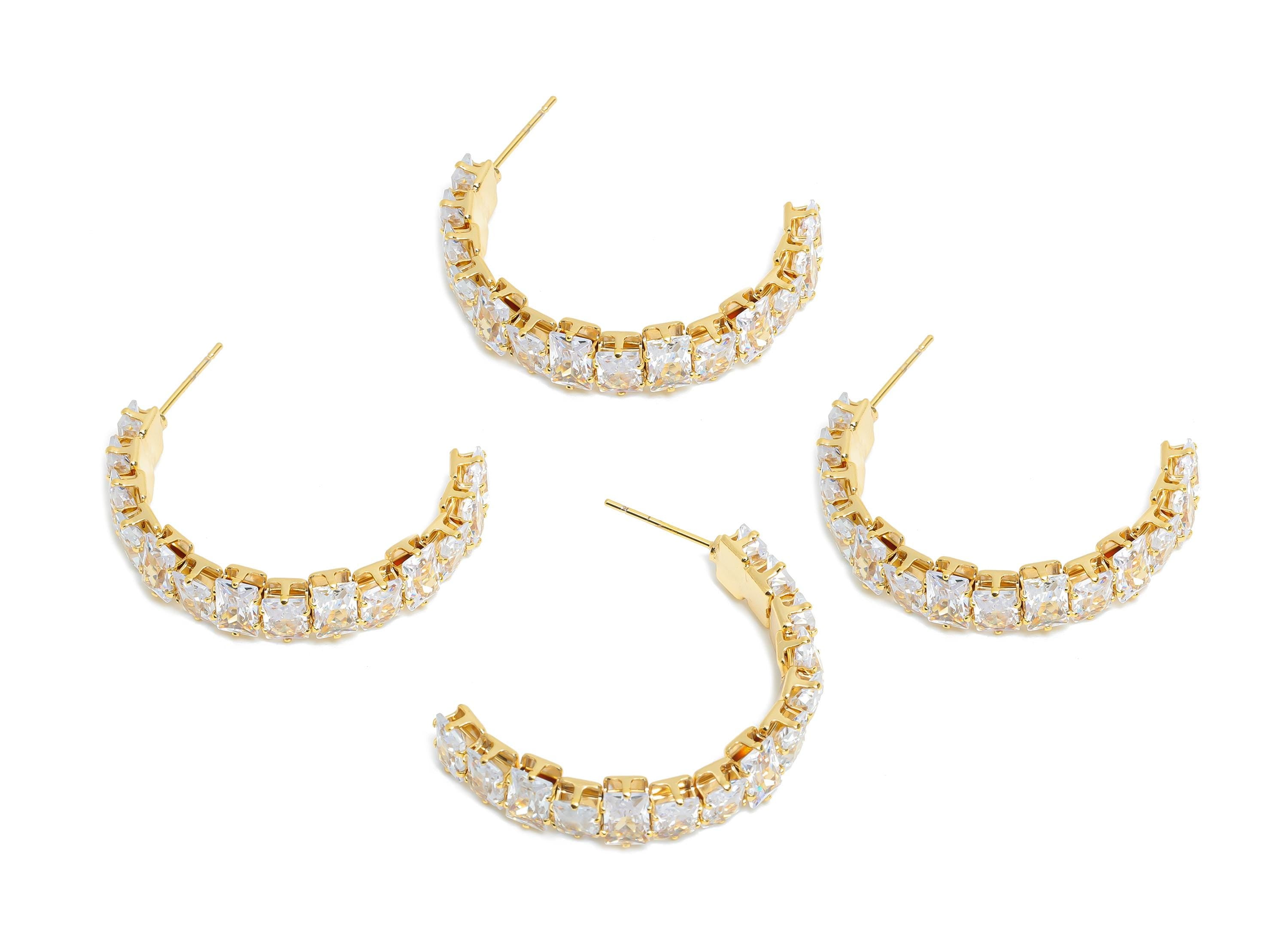 Sparkling C Hoop Post - Inlay Rectangle Glass Earring Stud - Refined Gold Brass Open C Post - 18K Real Gold Plated Brass- 35x23x7mm -RGP9950 - DOMEDBAZAAR