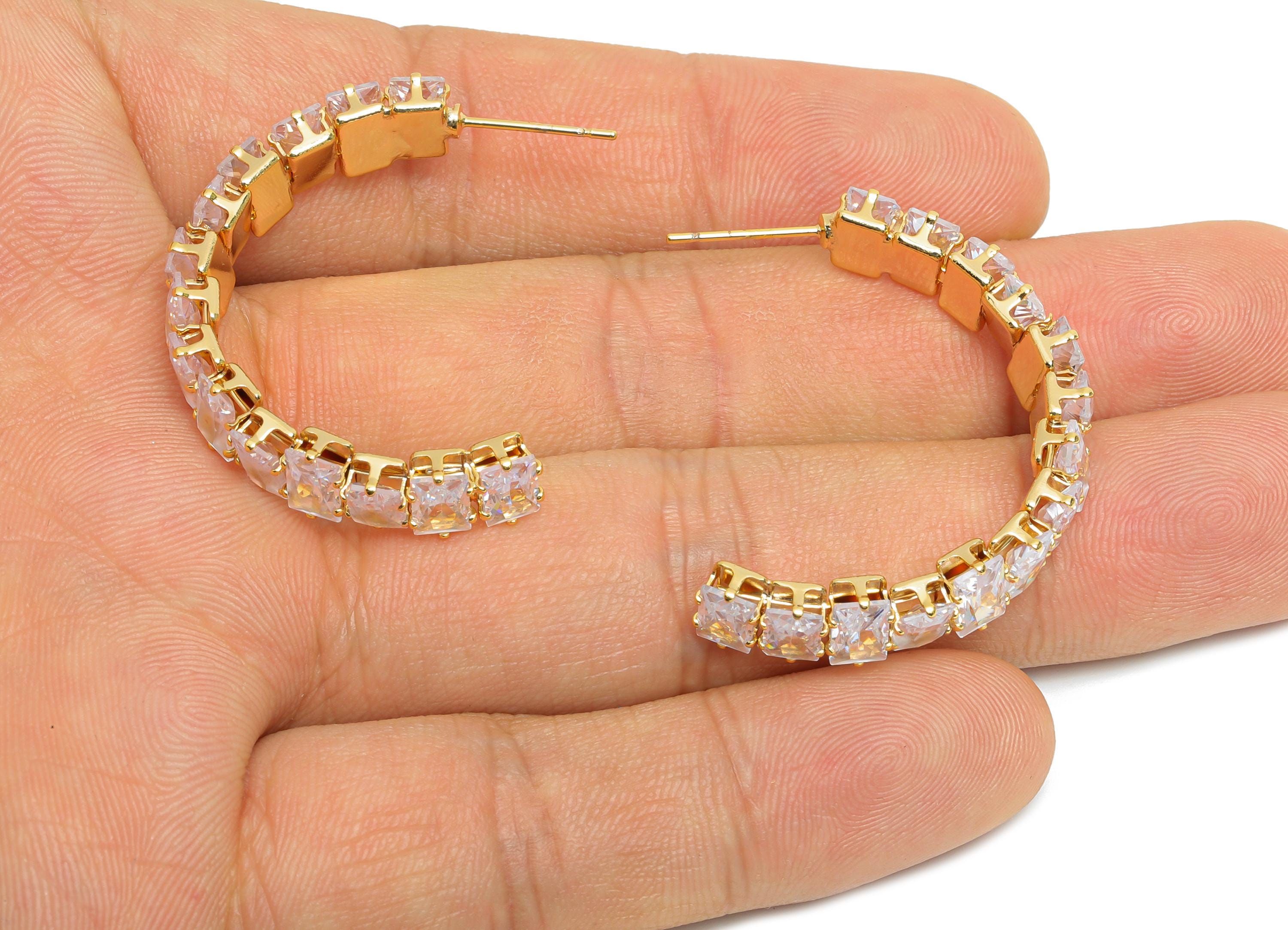 Sparkling C Hoop Post - Inlay Rectangle Glass Earring Stud - Refined Gold Brass Open C Post - 18K Real Gold Plated Brass- 35x23x7mm -RGP9950 - DOMEDBAZAAR