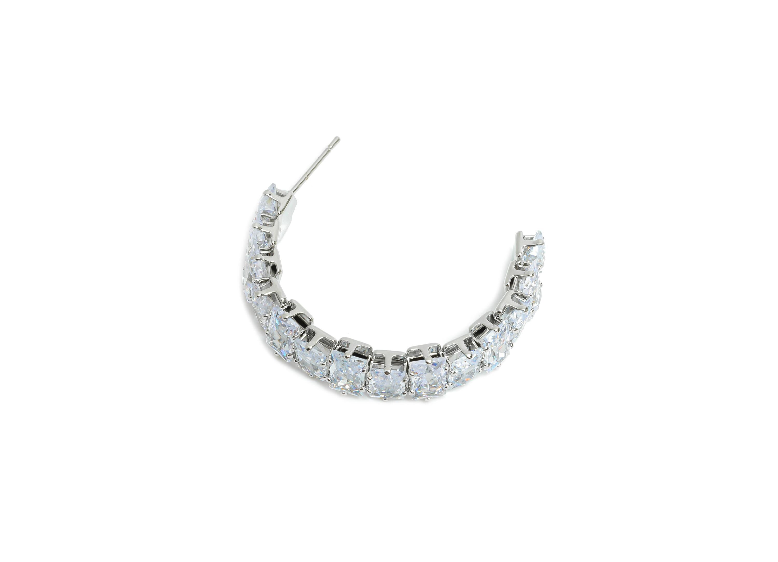 Sparkling C Hoop Post - Inlay Rectangle Glass Earring Stud - Refined Silver Brass Open C Post - 18K White Gold Plated - 35x23x7mm - RGP9950S - DOMEDBAZAAR