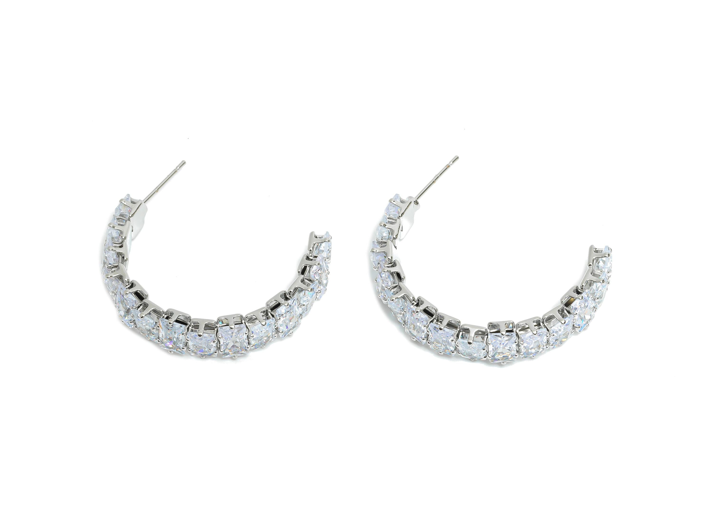 Sparkling C Hoop Post - Inlay Rectangle Glass Earring Stud - Refined Silver Brass Open C Post - 18K White Gold Plated - 35x23x7mm - RGP9950S - DOMEDBAZAAR