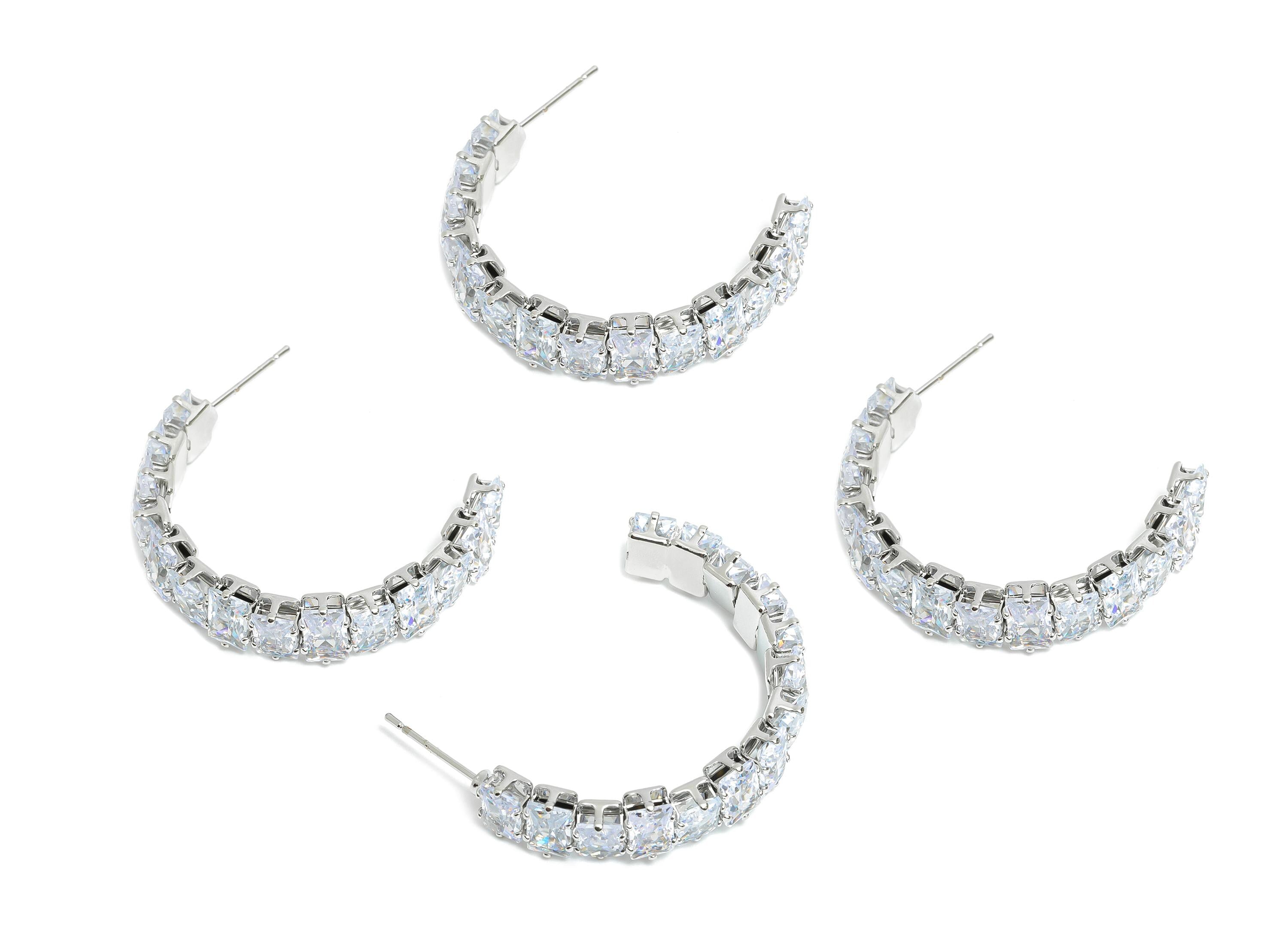 Sparkling C Hoop Post - Inlay Rectangle Glass Earring Stud - Refined Silver Brass Open C Post - 18K White Gold Plated - 35x23x7mm - RGP9950S - DOMEDBAZAAR