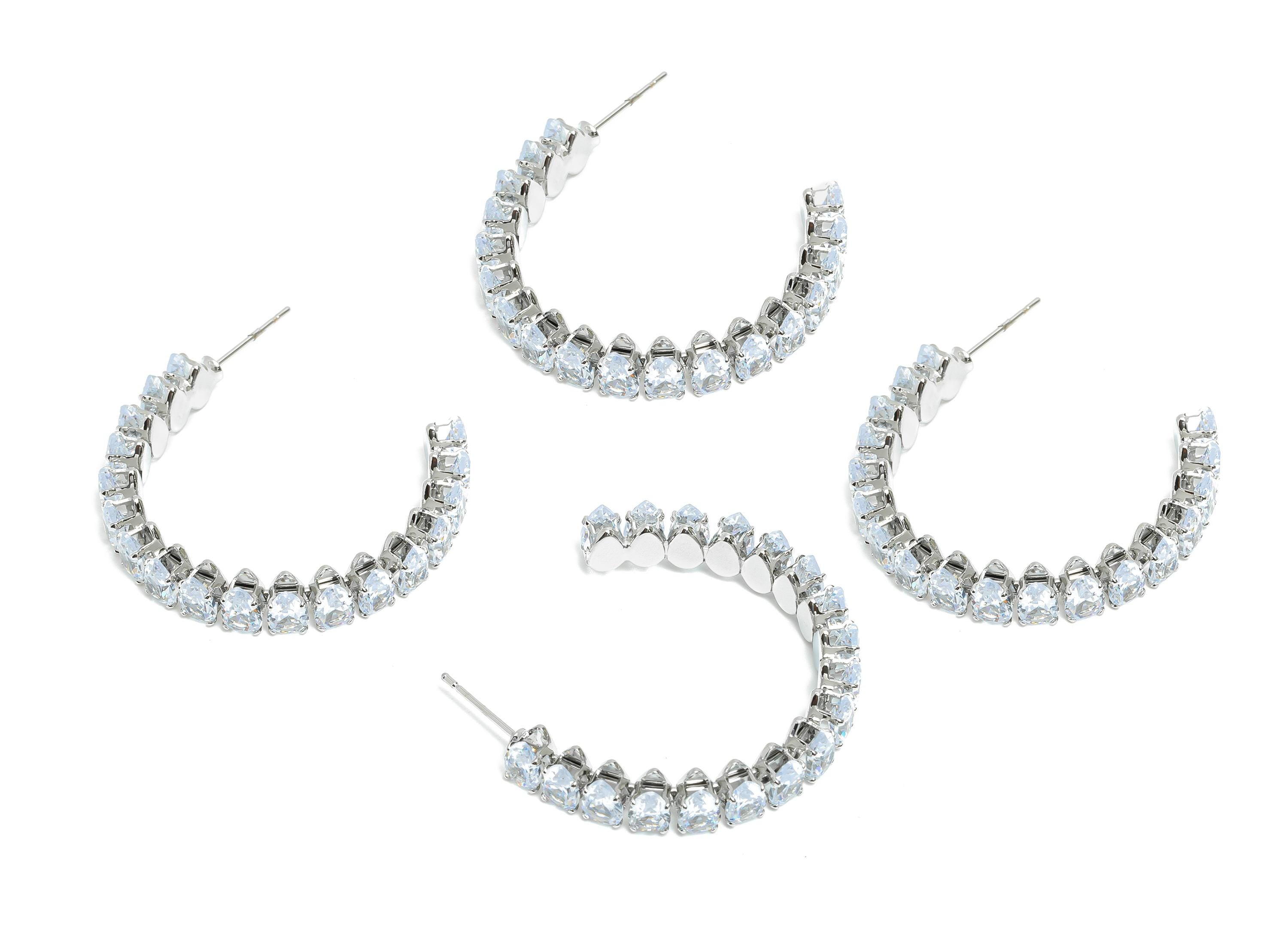 Sparkling C Hoop Post - Inlay Drop Glass Earring Stud - Refined Silver Brass Open C Post - 18K Real White Gold Plated -35x30x6.1mm -RGP9952S - DOMEDBAZAAR